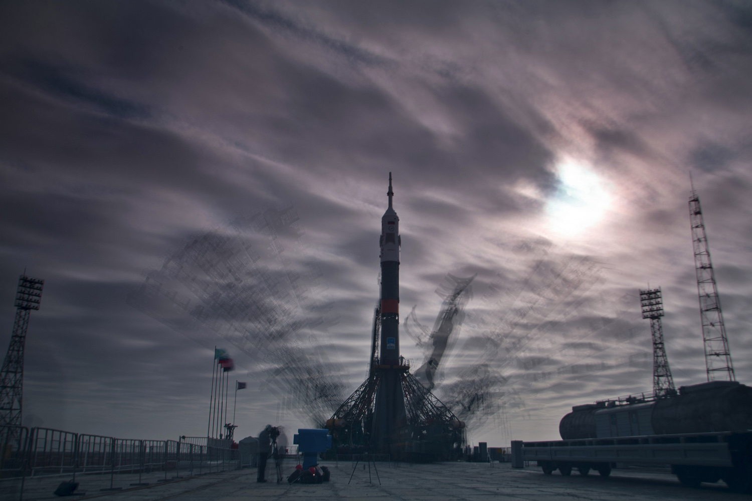 Mar. 23, 2014. The Soyuz TMA-12M spacecraft is set on its launch pad at the Baikonur cosmodrome. The spacecraft will carry Russian cosmonauts  Alexander Skvortsov and Oleg Artemyev and U.S. astronaut Steven Swanson to the International Space Station (ISS) on March 26.