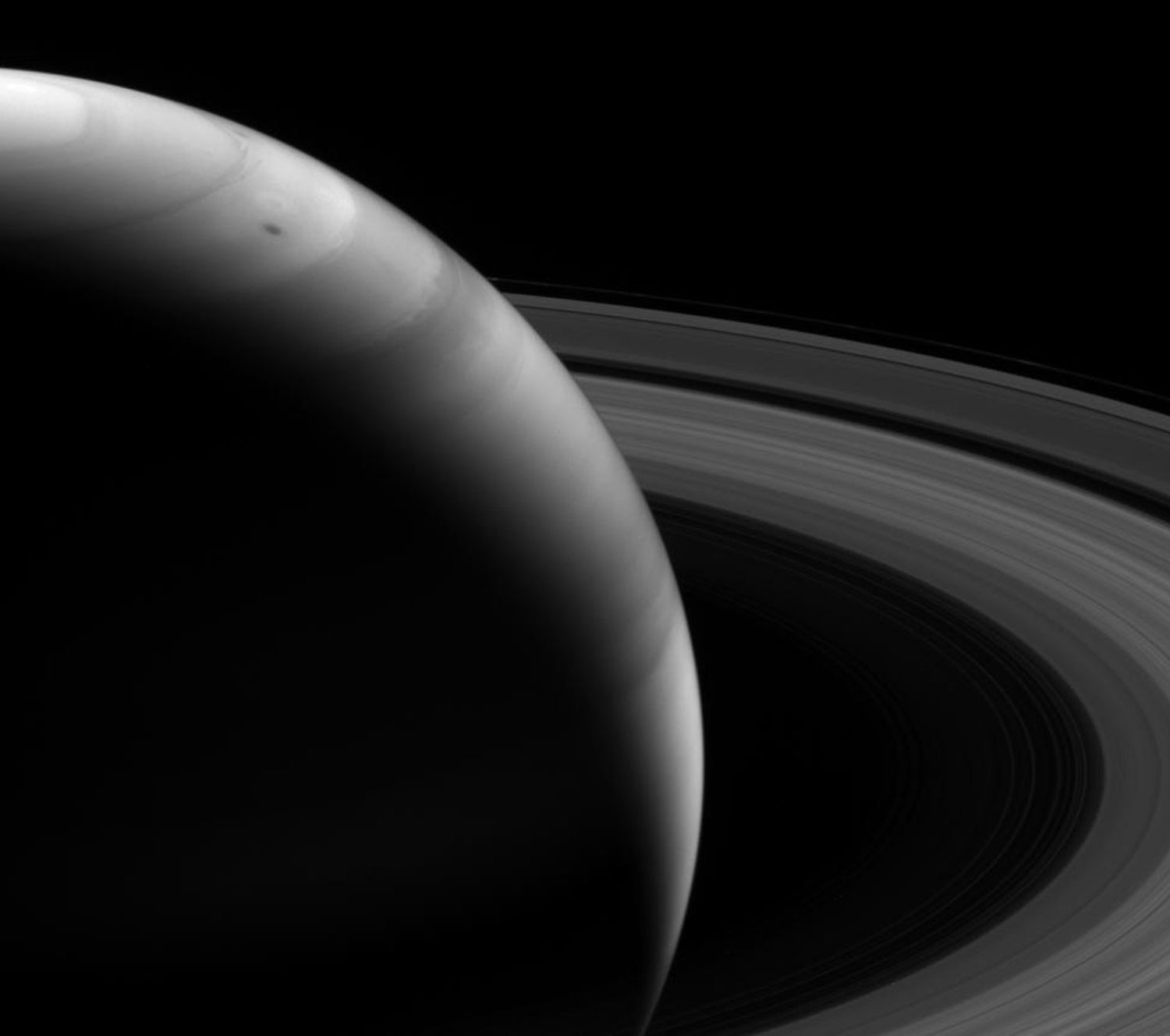 A view from the shadowed side of Saturn looking toward the sunlit side, taken by the Cassini spacecraft and released on Nov. 20, 2013. The picture was taken from about 18 degrees above the planet's ring plane.