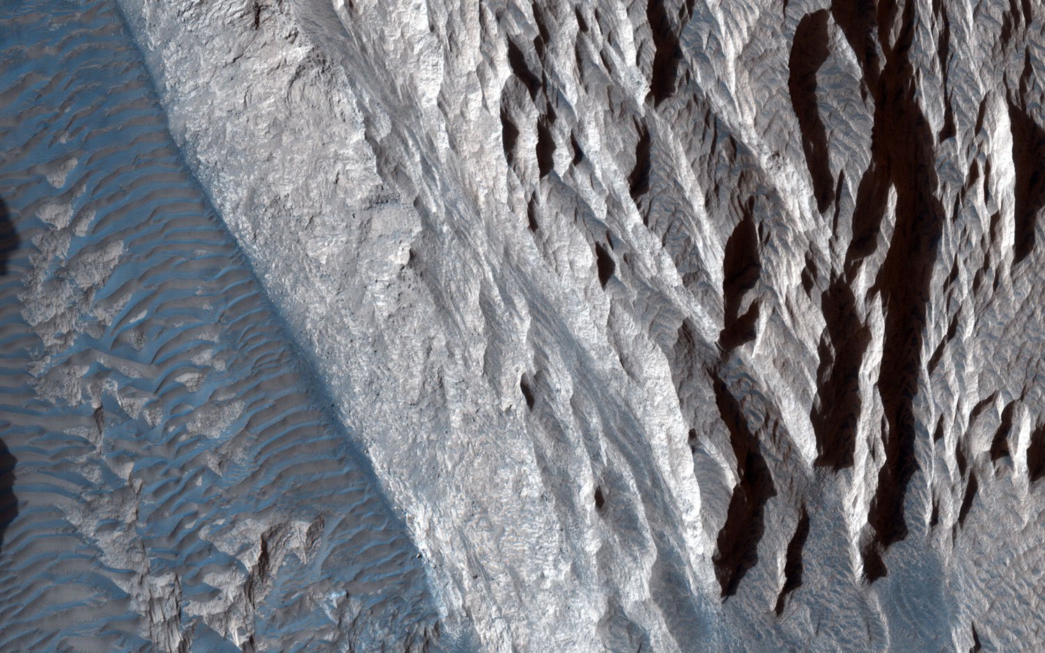 Sandstone cliffs and deposits of the mineral hematite cover portions of the Ophir Mensa on Mars. The lighter-toned areas are formed when downslope winds carve the fragile sandstone into channels. Over time, gravity works with the wind to erode material downslope and onto the canyon floor.