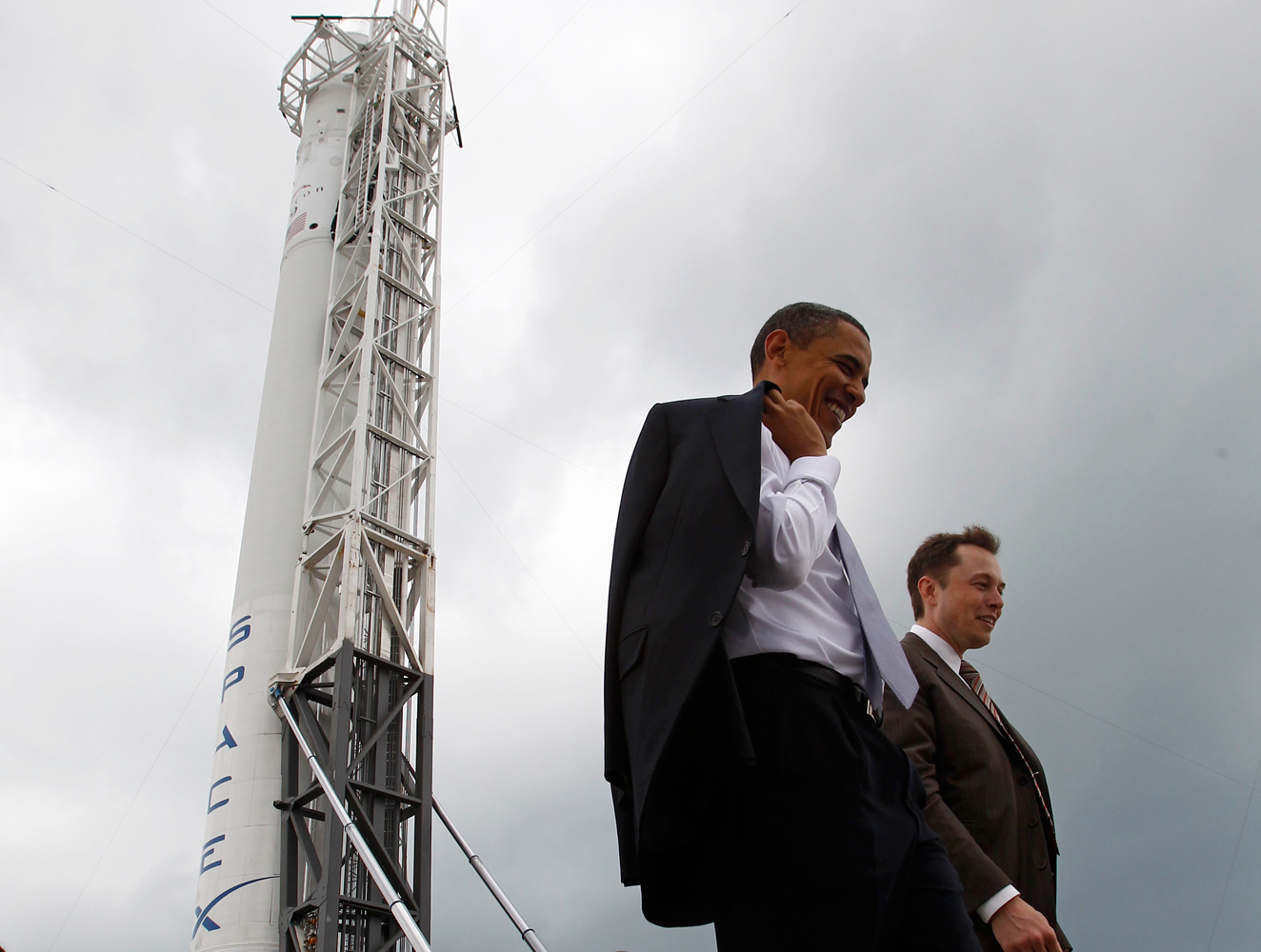 From left: President Barack Obama and Head of SpaceX Elon Musk tour Cape Canaveral, on April 15, 2010.
