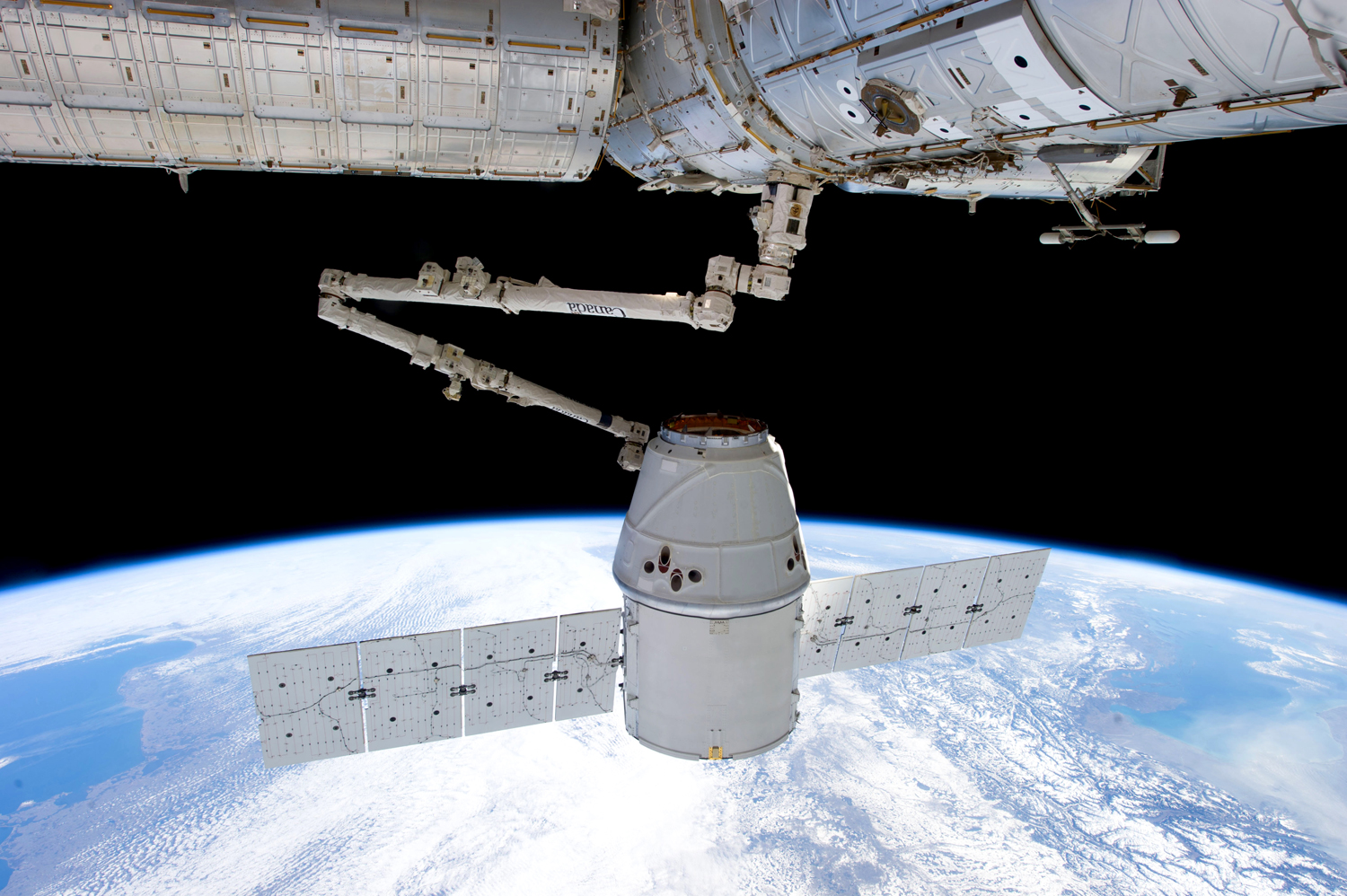 SpaceX's Dragon is grappled by the International Space Station on April 13, 2013.