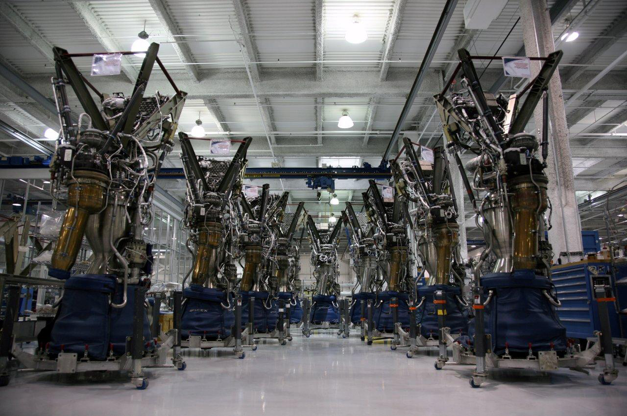 Nine Merlin engines for the inaugural Falcon 9 flight, ready to be installed in the booster, on March 8, 2013.