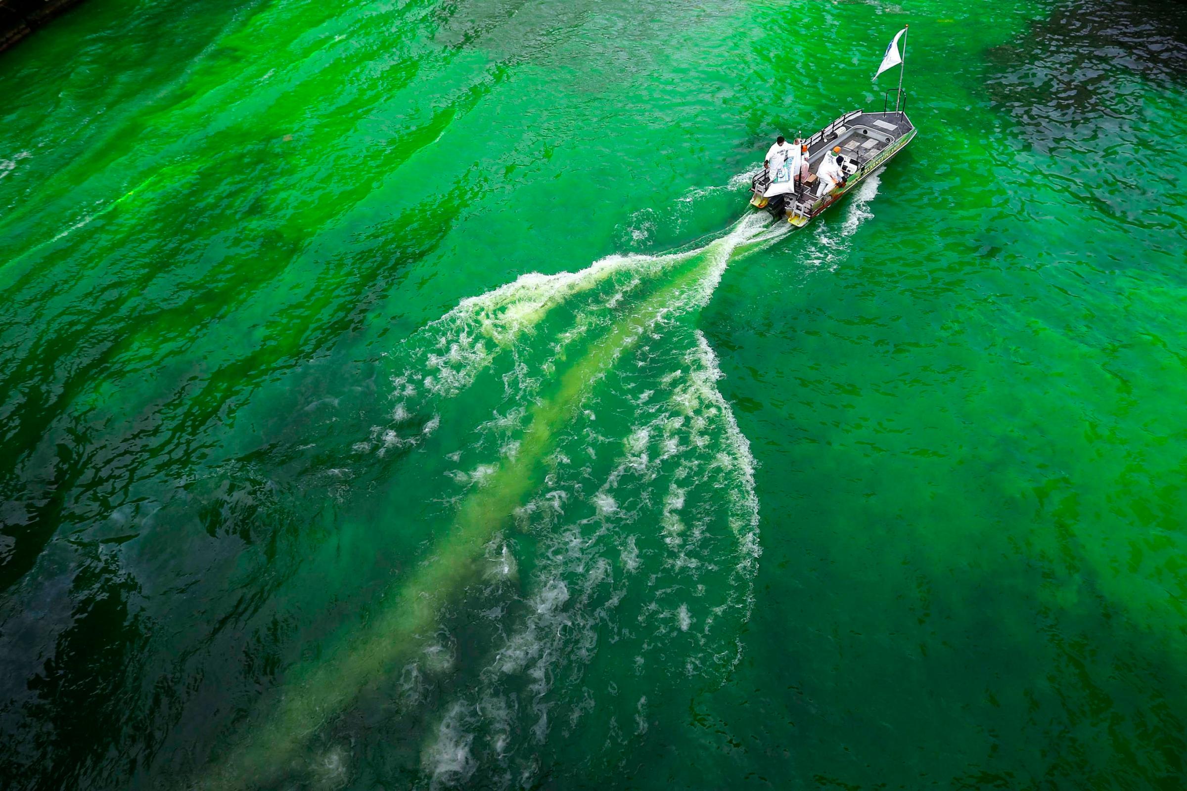 The Chicago River is dyed green in celebration of St. Patrick's Day in Chicago, March 15, 2014.