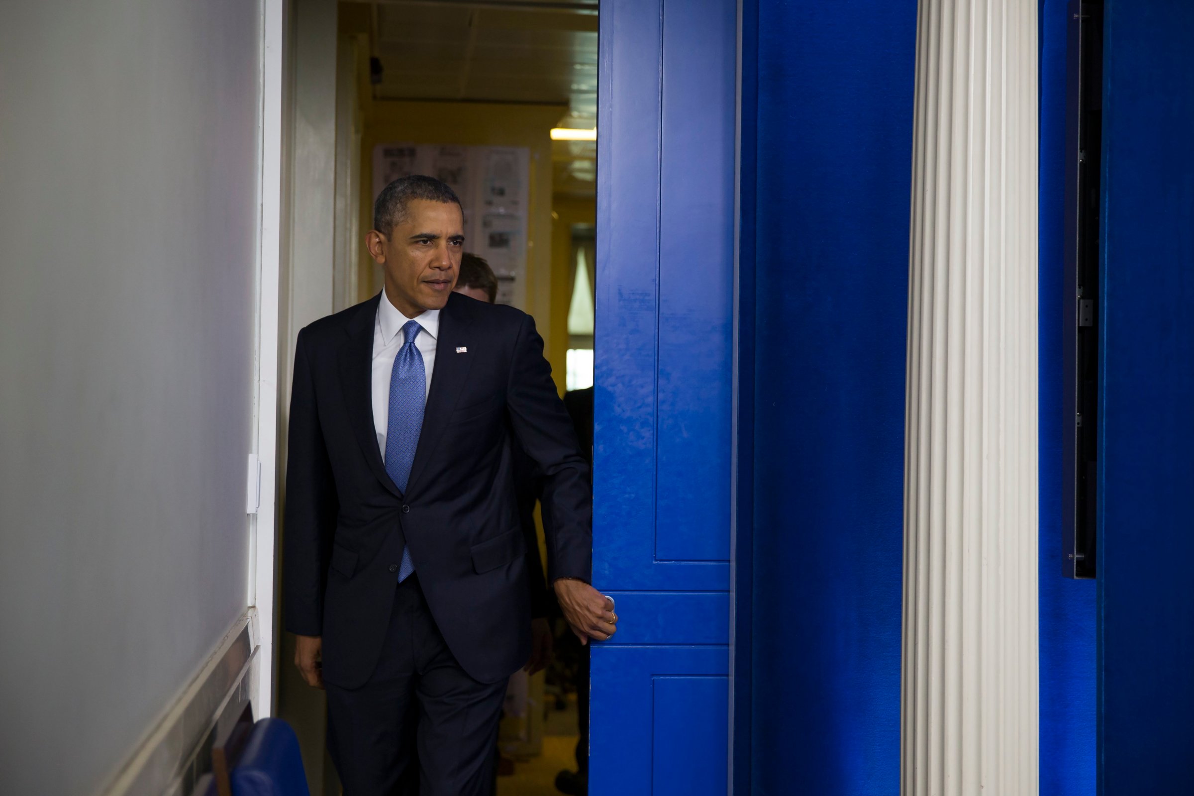 President Barack Obama arrives to deliver a statement on Ukraine from the White House in Washington