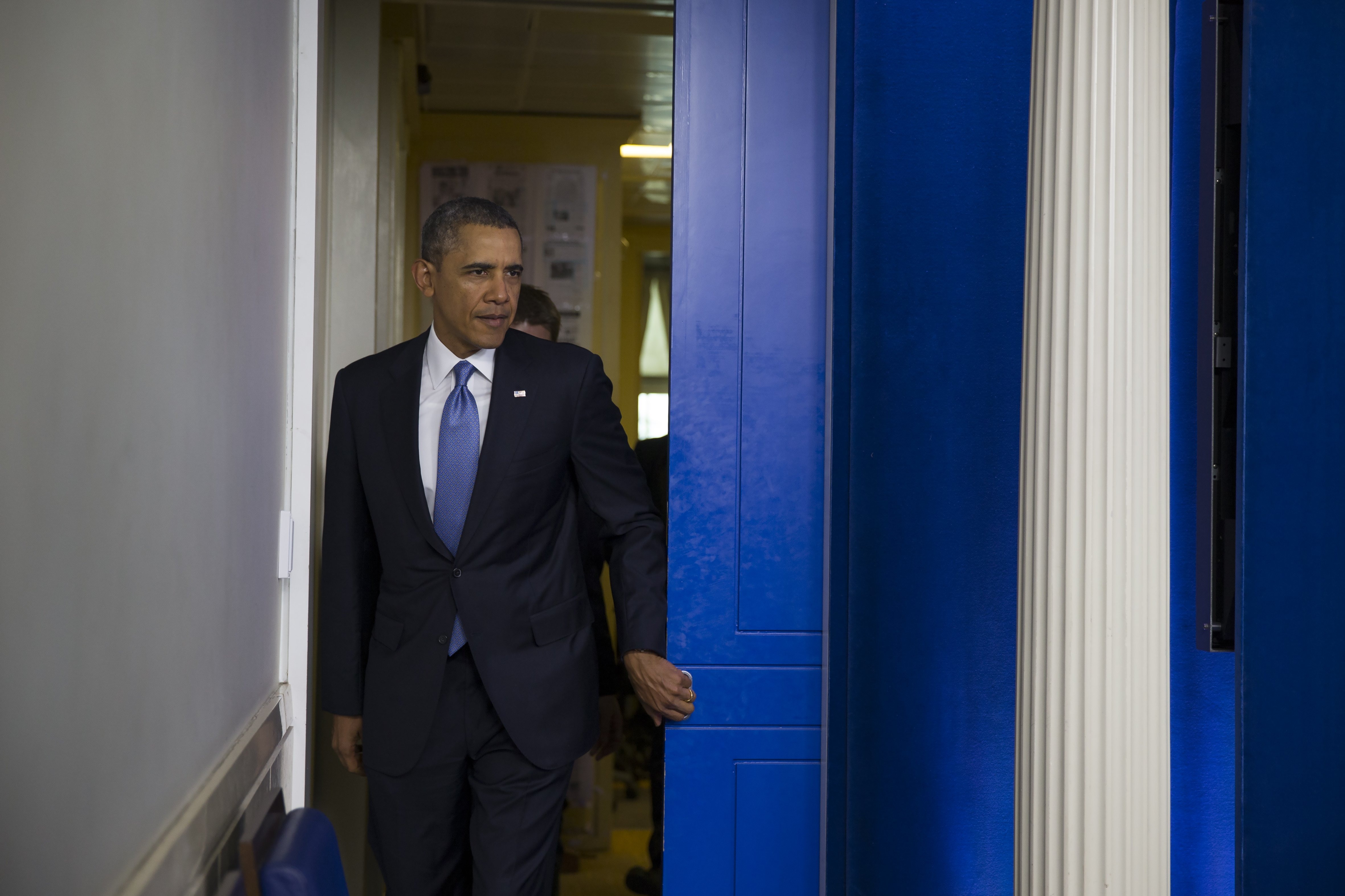 President Barack Obama arrives to deliver a statement on Ukraine from the White House in Washington