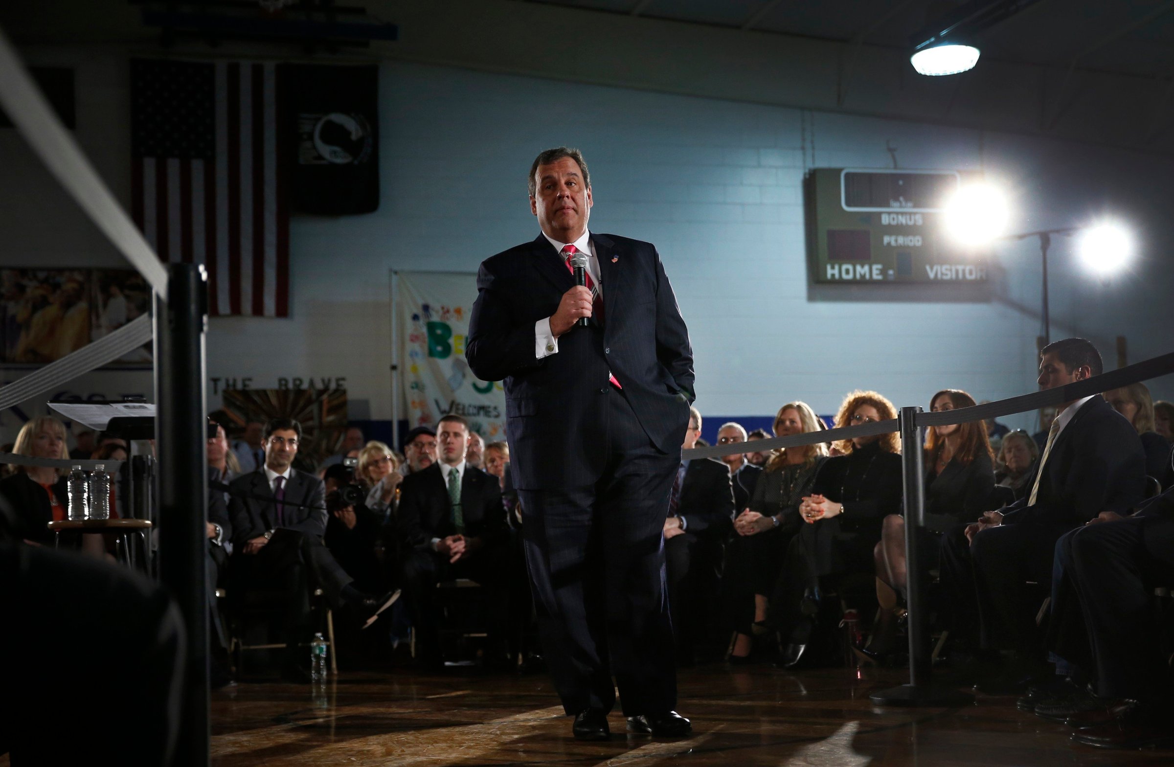 New Jersey Governor Chris Christie speaks to local residents of Belmar, New Jersey.