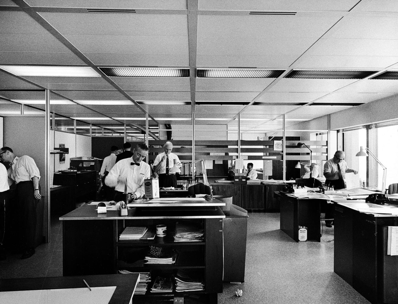 Here we see an art department hard at work. The work rooms, like the rest of the building—both inside and out—represented the epitome of mid-century Modernism: clean lines, rejection of ornamentation, and a mix of streamlined materials such as stainless steel and prefab walls.