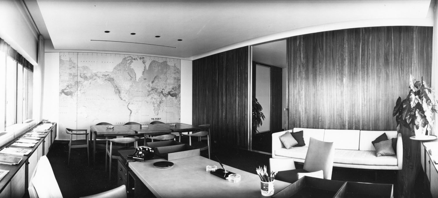 Here's Editor-in-Chief Henry Luce's handsomely minimal office, featuring a wall-sized world map.