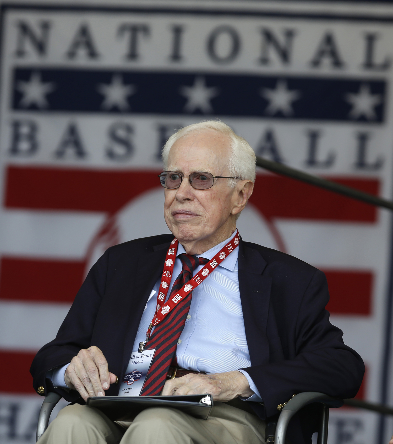 Dr. Frank Jobe, known for the development of the historic elbow procedure known as “Tommy John surgery,” is honored during a ceremony at Doubleday Field, in Cooperstown, N.Y. (Mike Groll—AP)