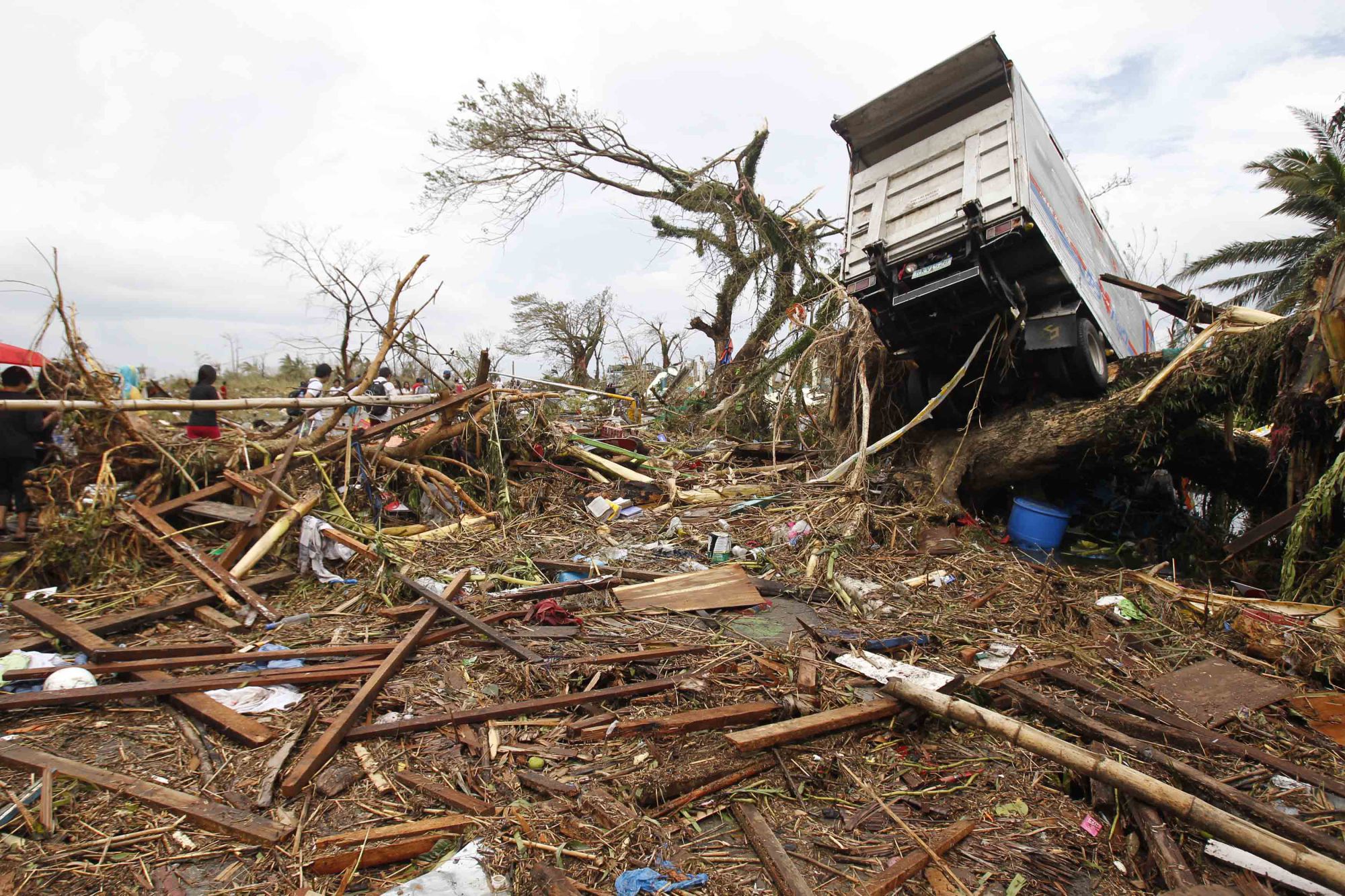 A truck is seen on a tree in the aftermath of Supertyphoon Haiyan in Tacloban, the Philippines, on Nov. 9, 2013