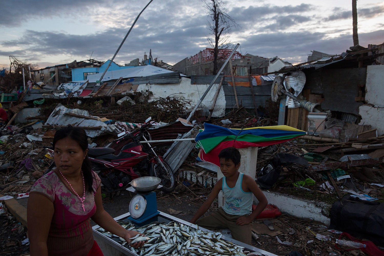 A boy sells fish in a neighbourhood damaged by Typhoon Haiyan as life begins to return to normal in Tanauan, Philippines on November 19, 2013.