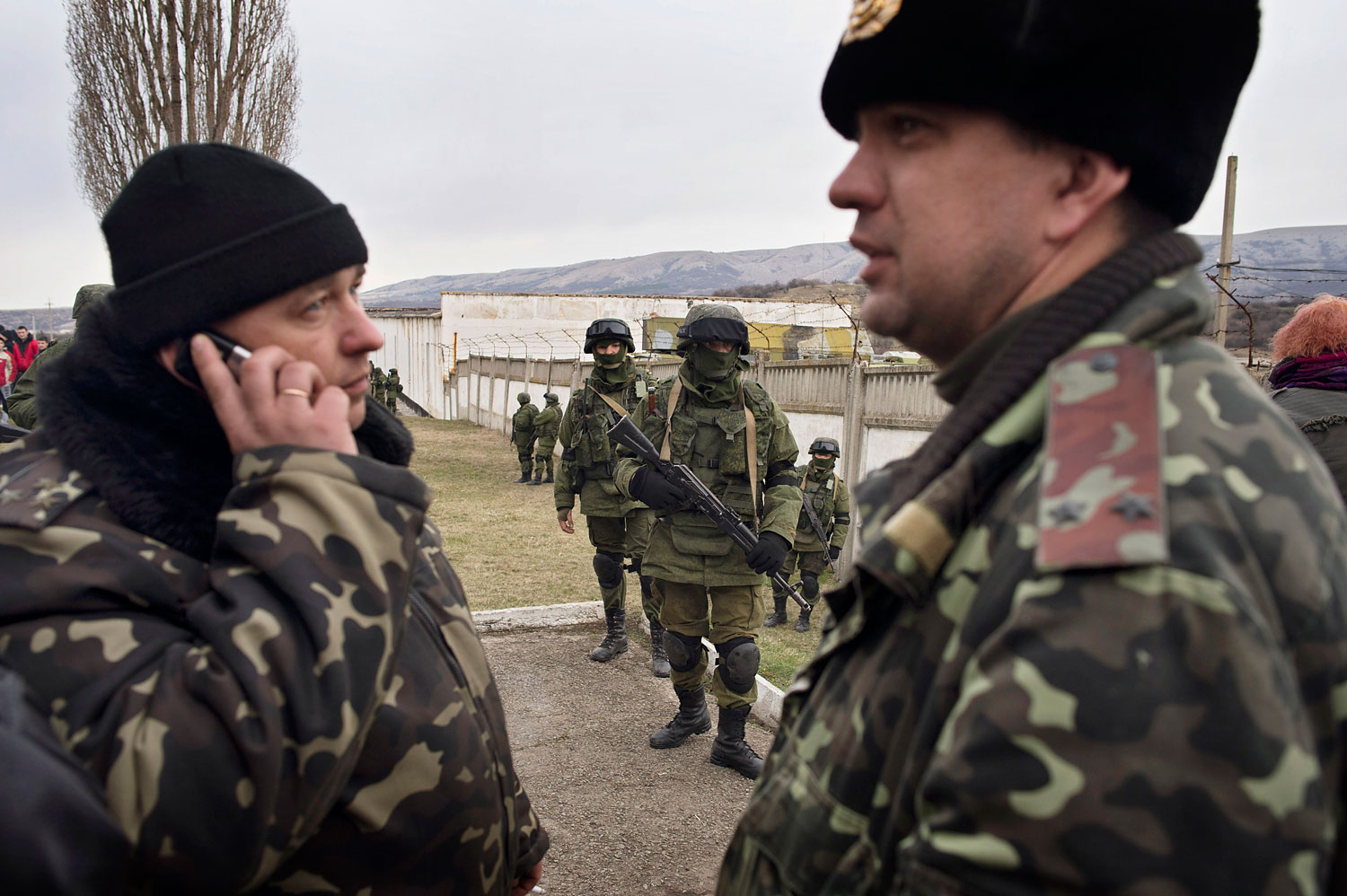 The Ukrainian commander, Col. Sergei Starozhenko, left, outside of his base in the Crimean village of Perevalnoye, on March 2, 2014. (Yuri Kozyrev—NOOR for TIME)