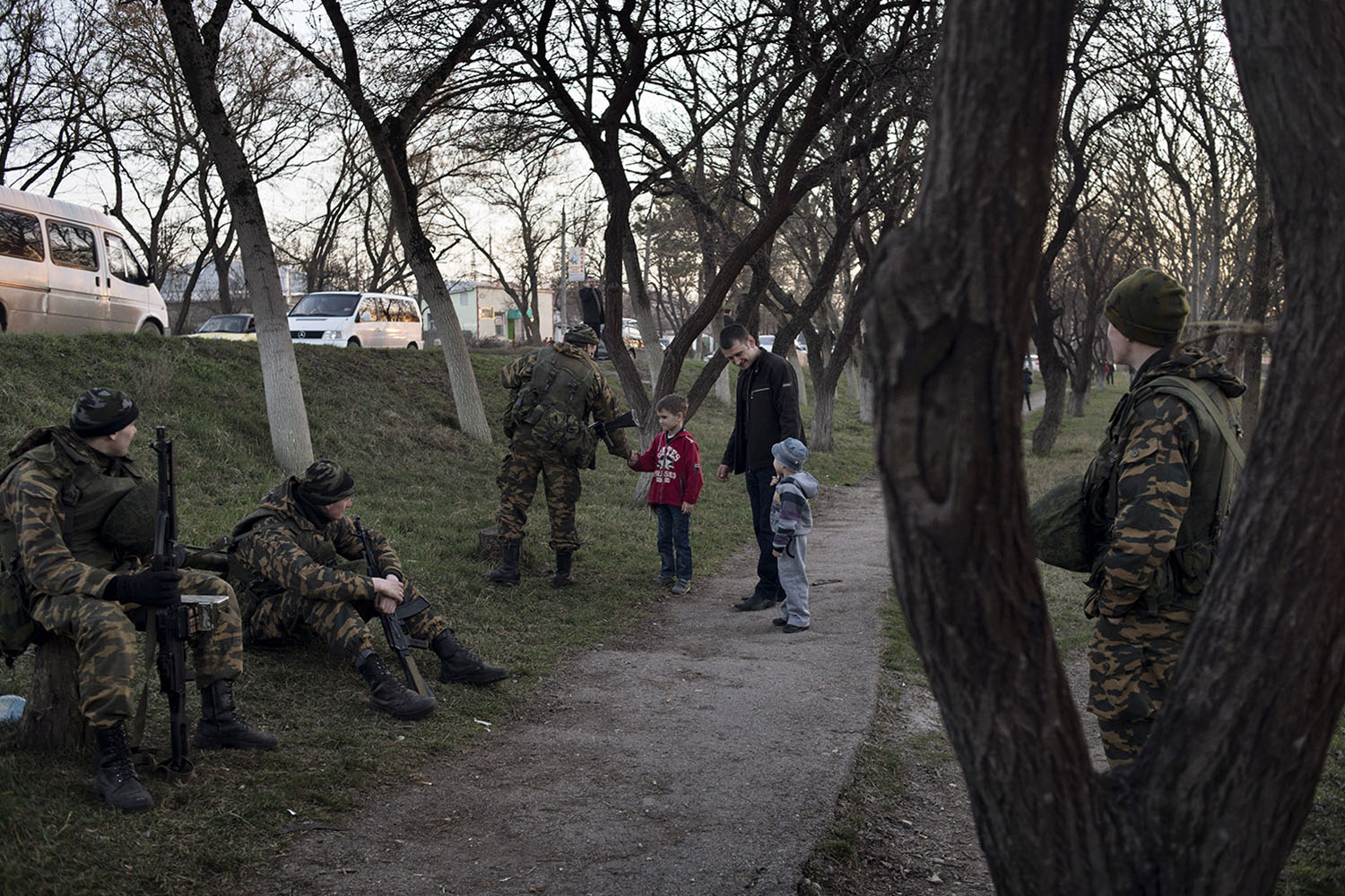 Mar. 3, 2014. Russian soldiers near the Ukrainian military base in Bakhchysaray.