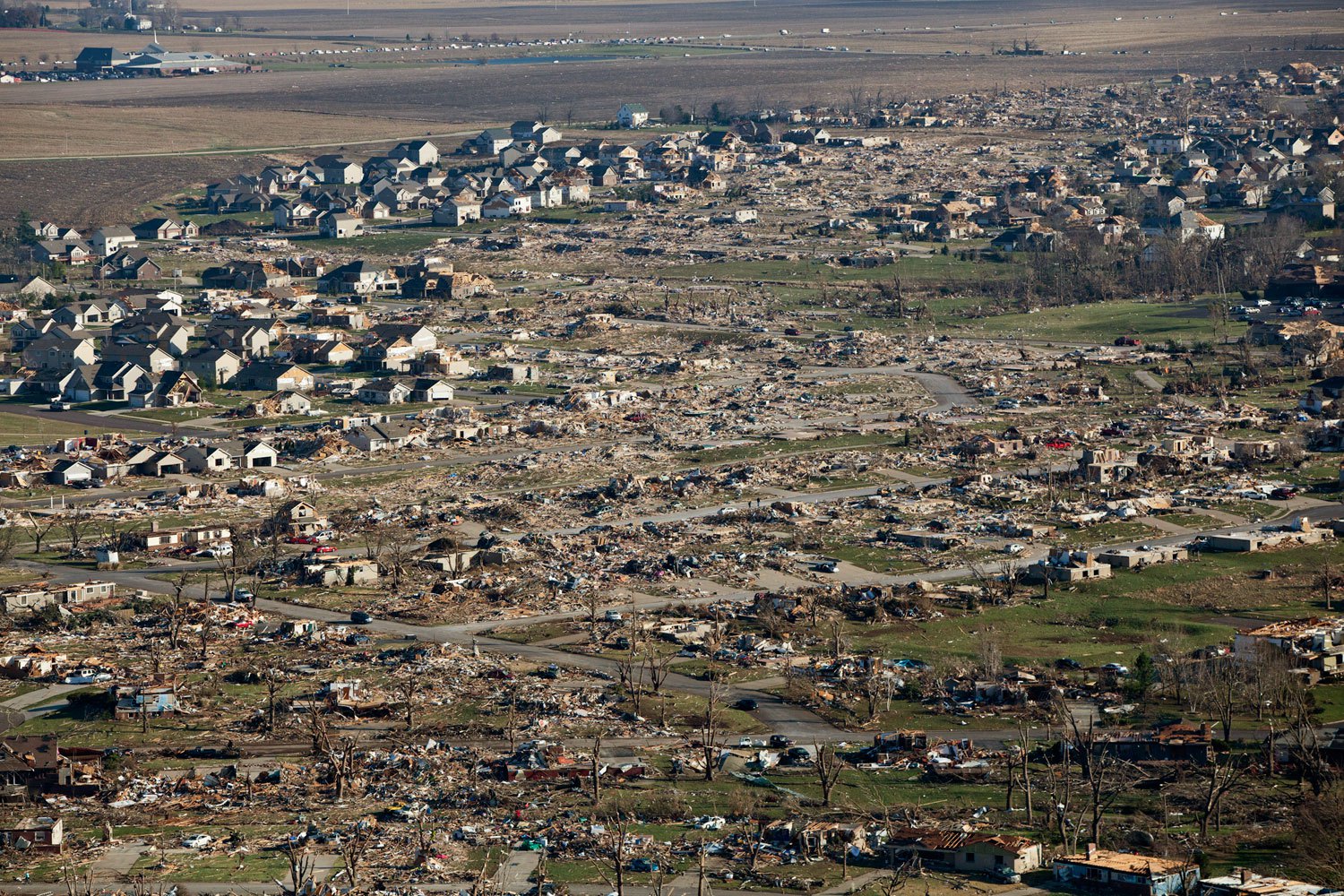 An aerial image shows the devastation caused by a tornado which struck the town of Washington, Ill., on Nov.18, 2013. The tornado killed seven people in the state.