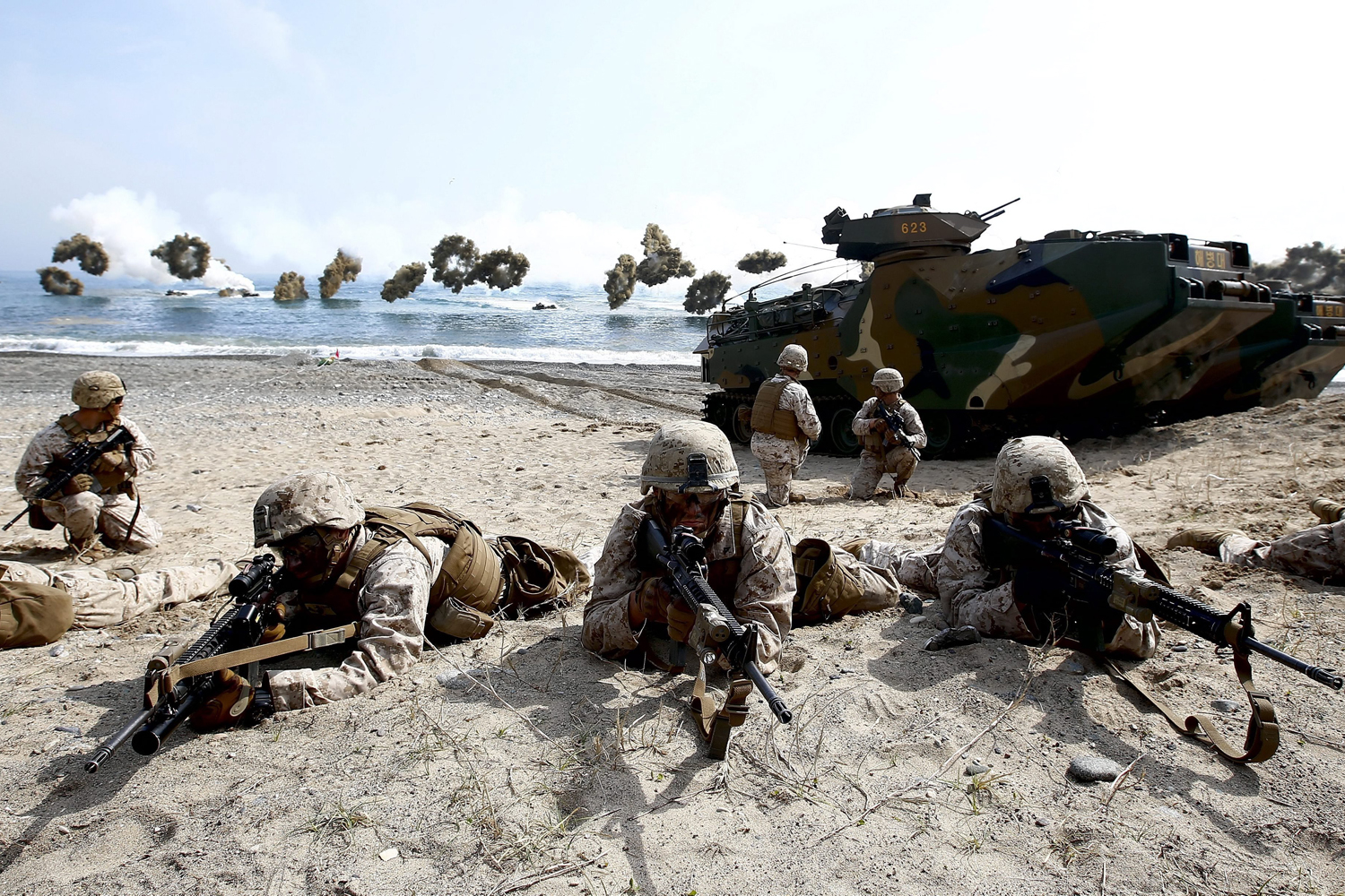 Mar. 31, 2014. US and South Korean marines participate in an annual Combined Joint Logistics over the Shore (CJLOTS) exercise during the Ssang Yong (Double Dragon) exercises against a possible attack from North Korea, in Pohang, southeast of Seoul, South Korea.