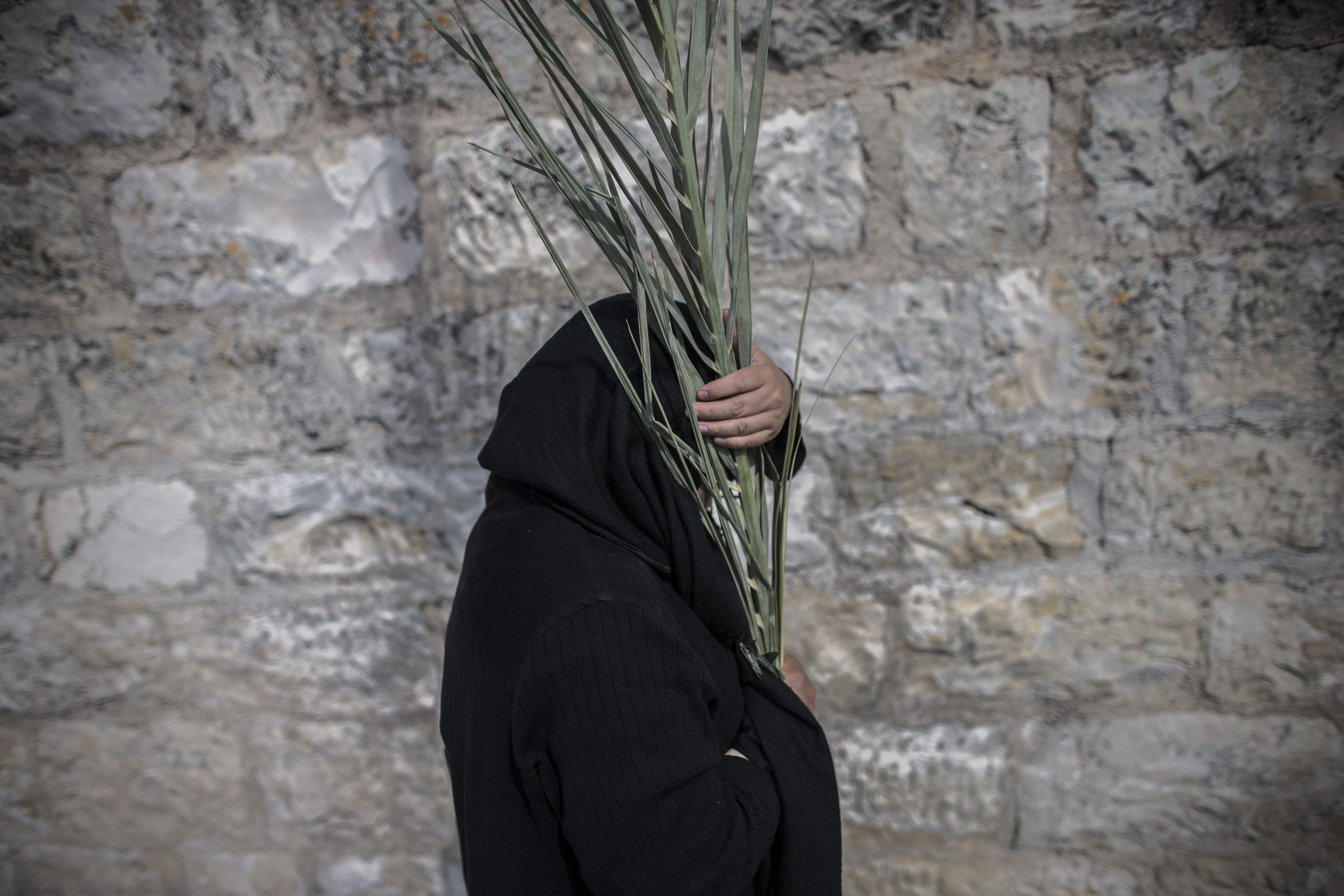Apr. 13, 2014. A pilgrim with palm tree leafs follows the Palm Sunday procession on the Mount of Olives in Jerusalem, Israel.  Palm Sunday for Roman Catholic devotees symbolically marks the biblical account of the entry of Jesus Christ into Jerusalem, signaling the start of the Holy Week before Easter.