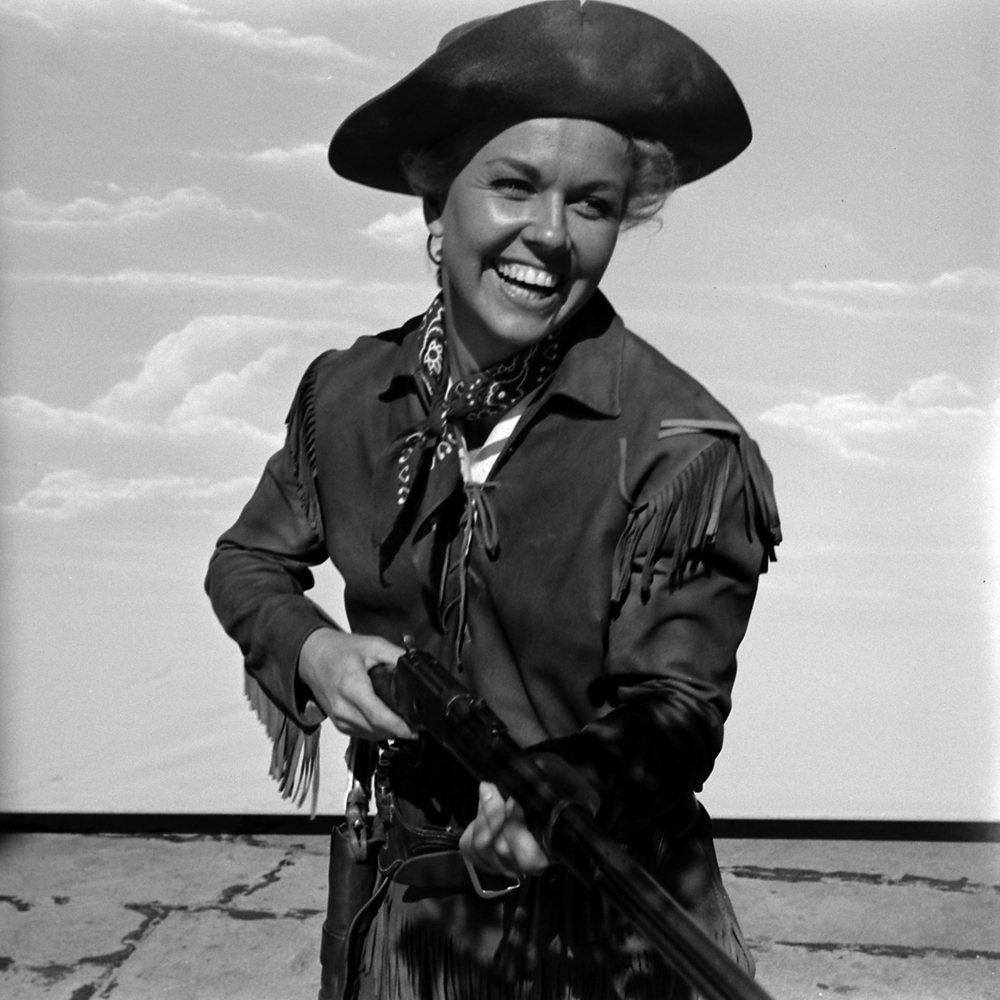 Doris Day in costume on the set of 'Calamity Jane,' 1953.