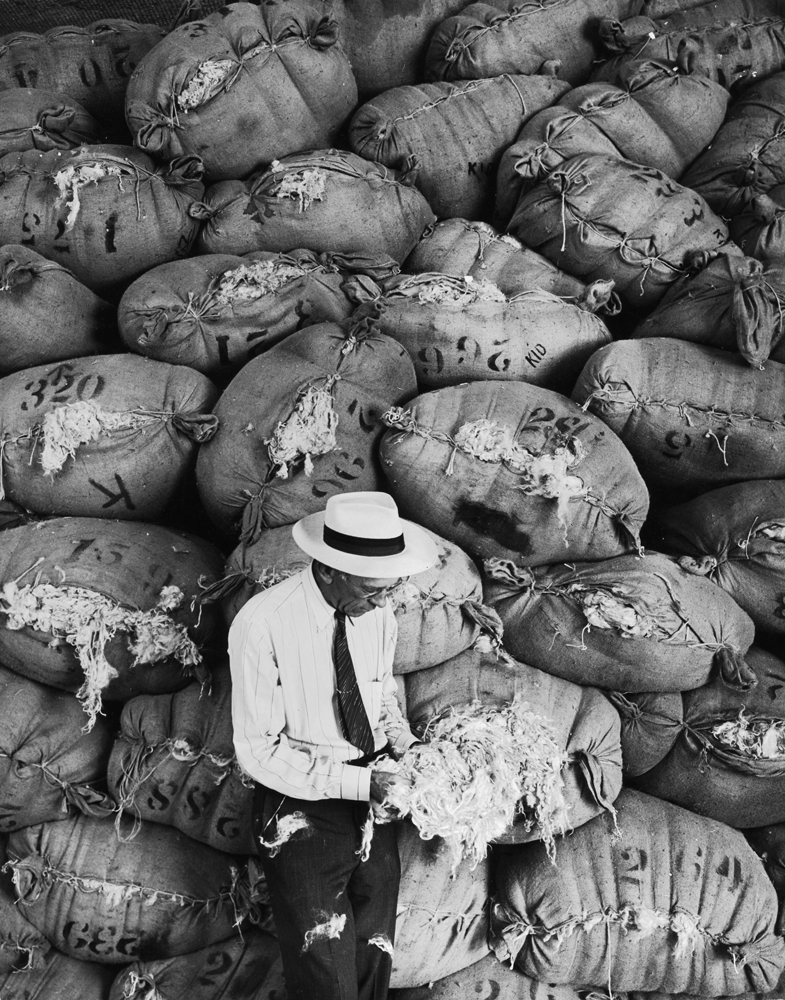 Man examines goods in mohair warehouse, Texas, 1942.