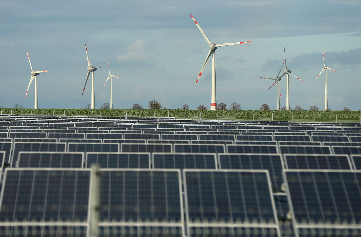 Investment in renewables like solar and wind is down, but their share of global power is up (Sean Gallup—Getty Images)