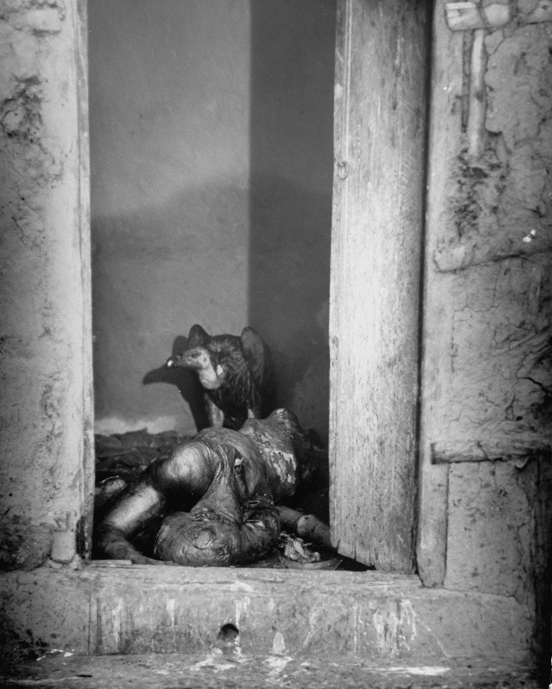 A vulture feeds on a corpse in a doorway after bloody rioting between Hindus and Muslims, Calcutta (now Kolkata), India, 1946.