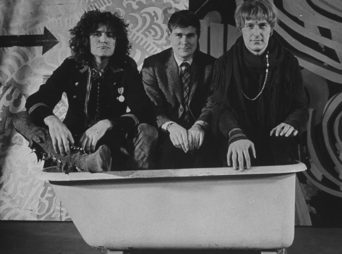 Writers (from left) Gerome Ragni, Galt MacDermot (music), and James Rado sit in an Intergalactic Bathtub on the set of Hair, New York, 1968.