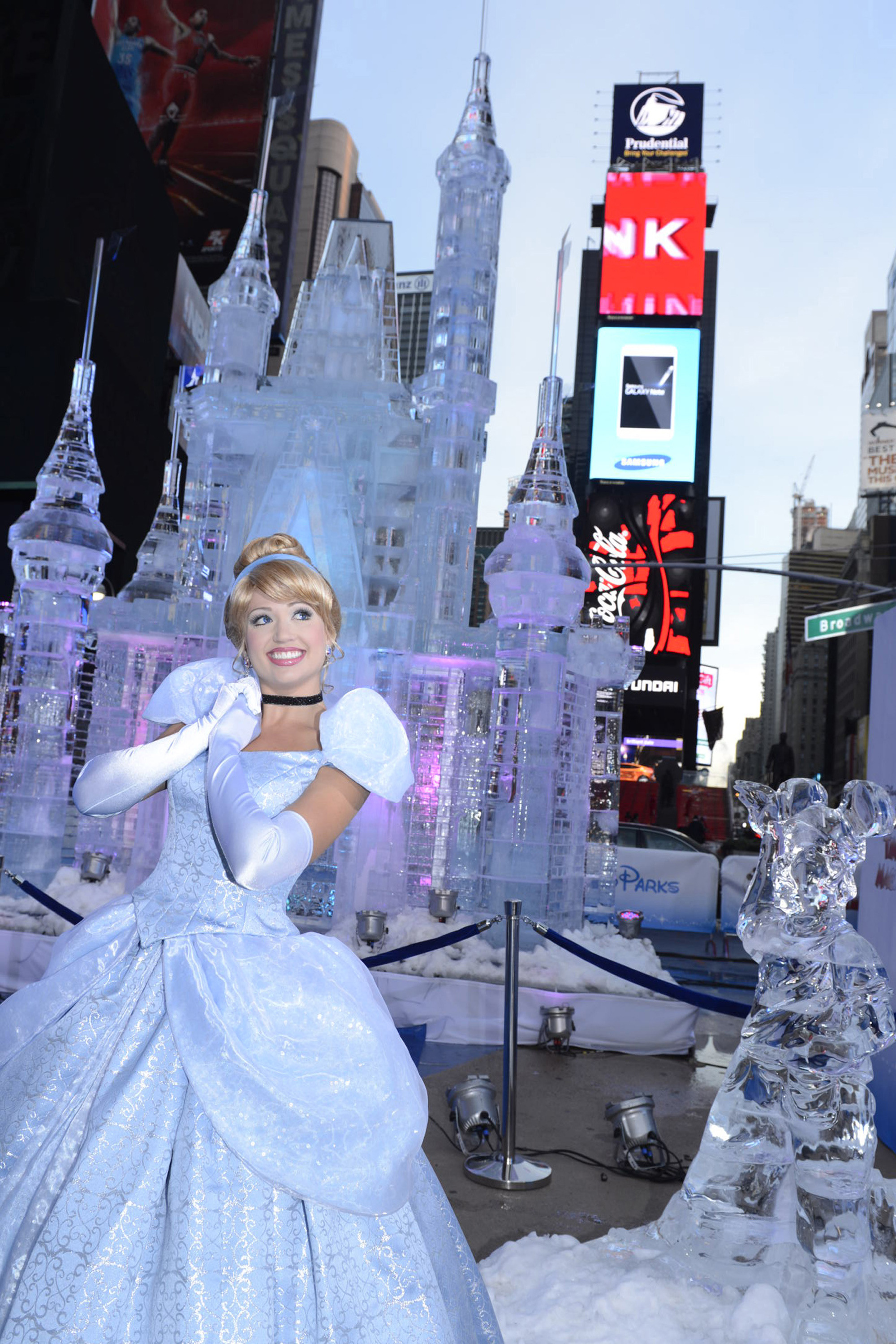 Disney Princess Cinderella poses Oct. 17, 2012 in front of a 25-foot-tall ice castle sculpture in Times Square in New York City.   ( David Roark/Disney Parks via Getty Images) (Handout&mdash;Getty Images)