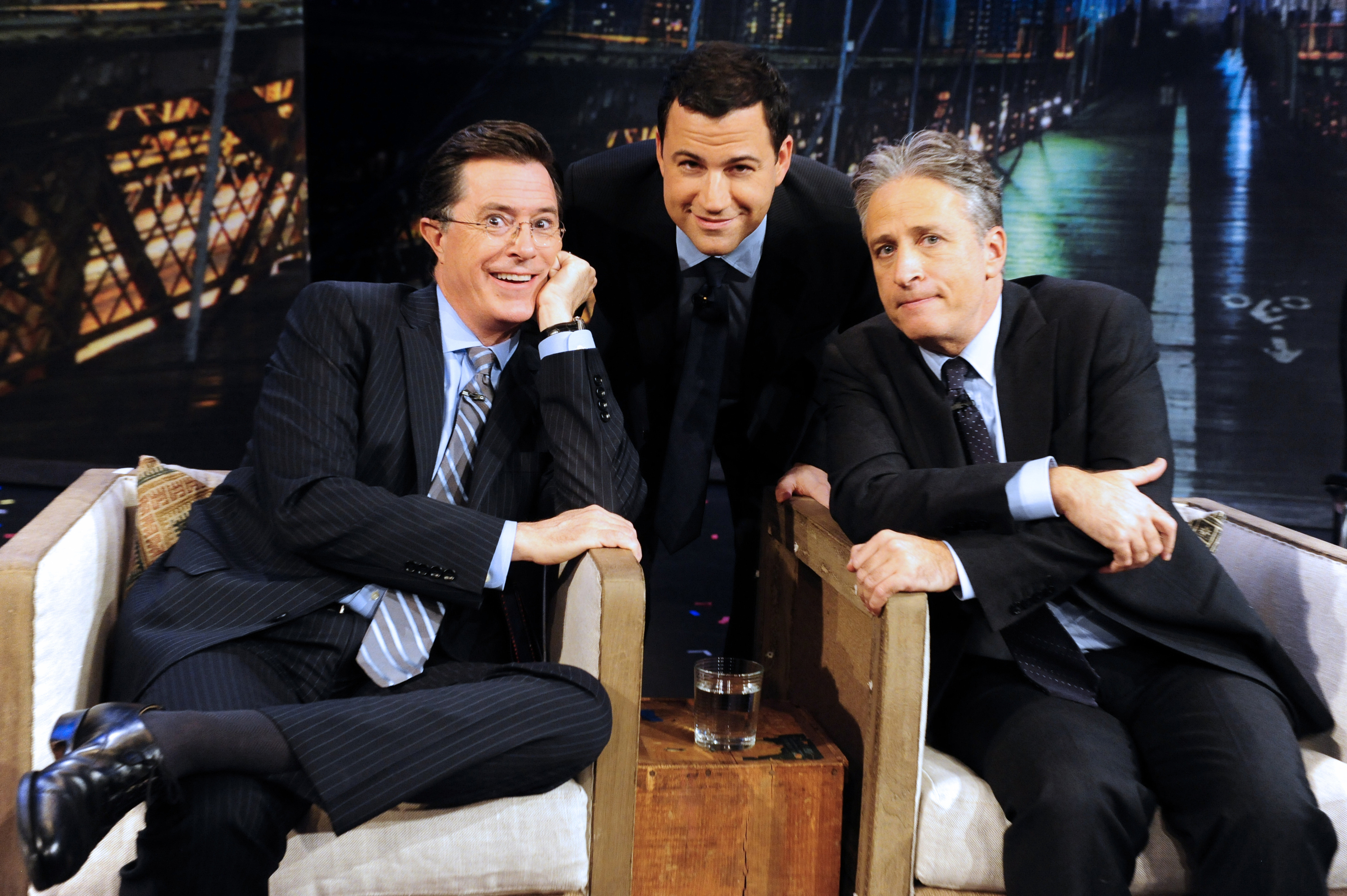 Colbert and Jon Stewart on "Jimmy Kimmel Live" in 2012. (Jeff Neira&mdash;ABC via Getty Images)