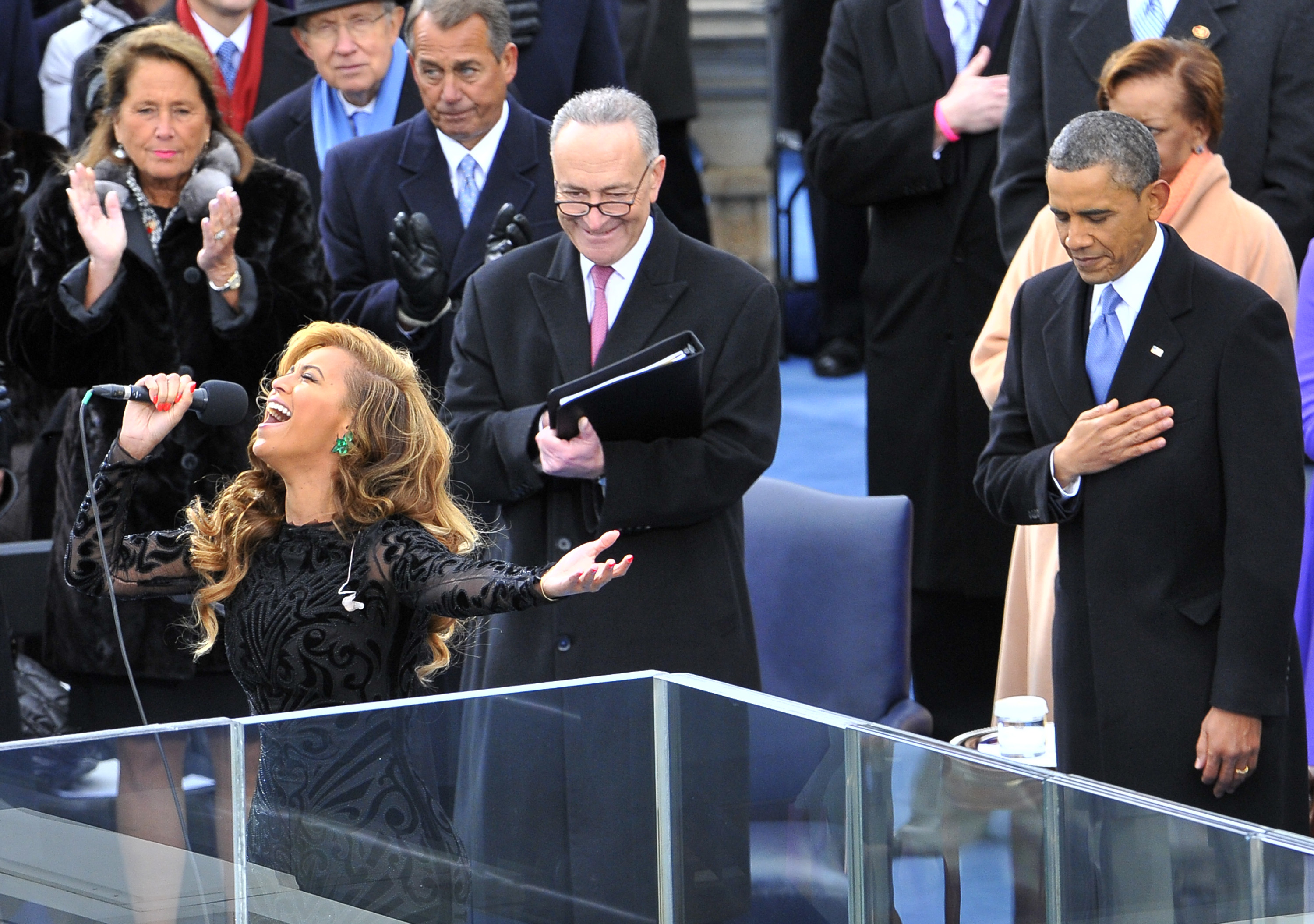 After accusations of lip syncing at President Obama's second inauguration, Beyoncé admitted to relying on a backing track to ensure the historic moment went flawlessly--but not before she belted out the song one more time at a press conference.  Any questions?  she asked.