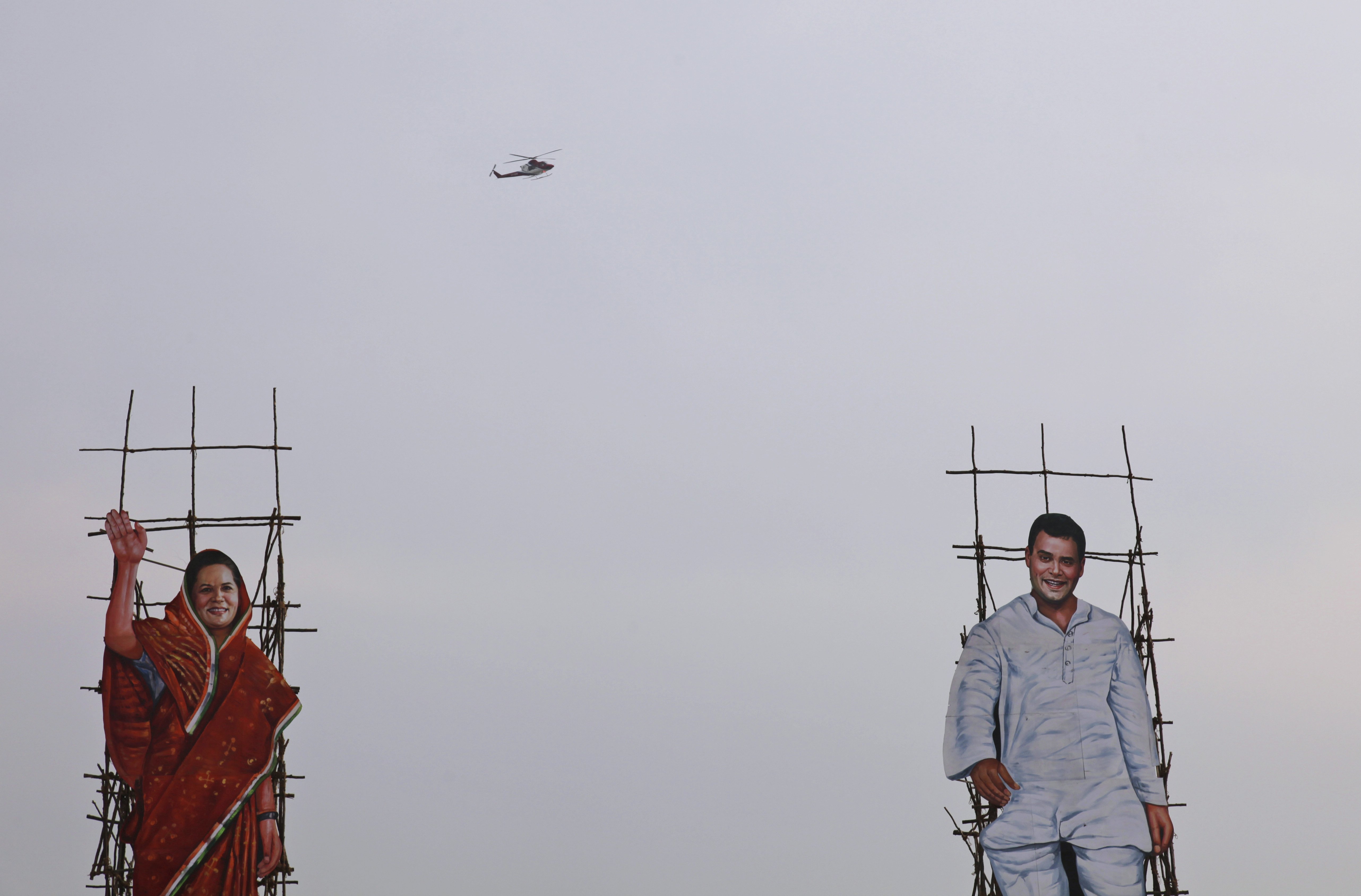 Apr. 16, 2014. A helicopter carrying Congress party president Sonia Gandhi arrives at an election rally in Karimnagar, about 165 kilometers (103 miles)  from Hyderabad, India. The multiphase voting across the country runs until May 12.