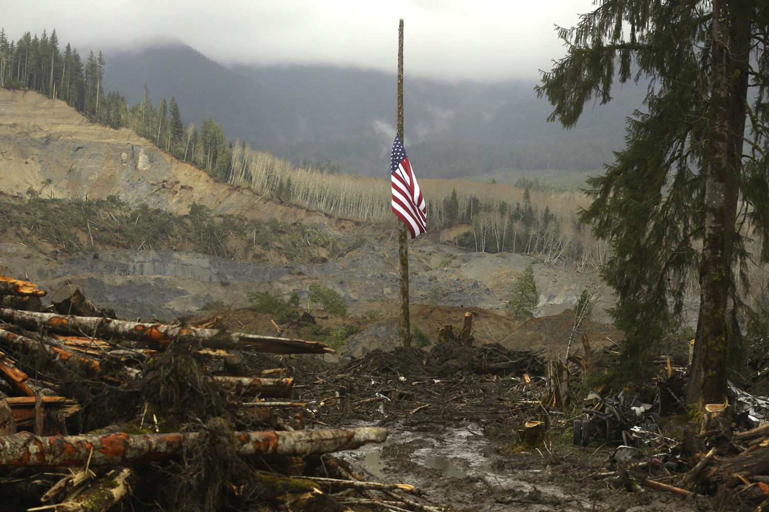 Mar. 30, 2014. A flag flies at half-staff on a log with the slope of the massive mudslide that struck Oso in the background near Darrington, Washington.