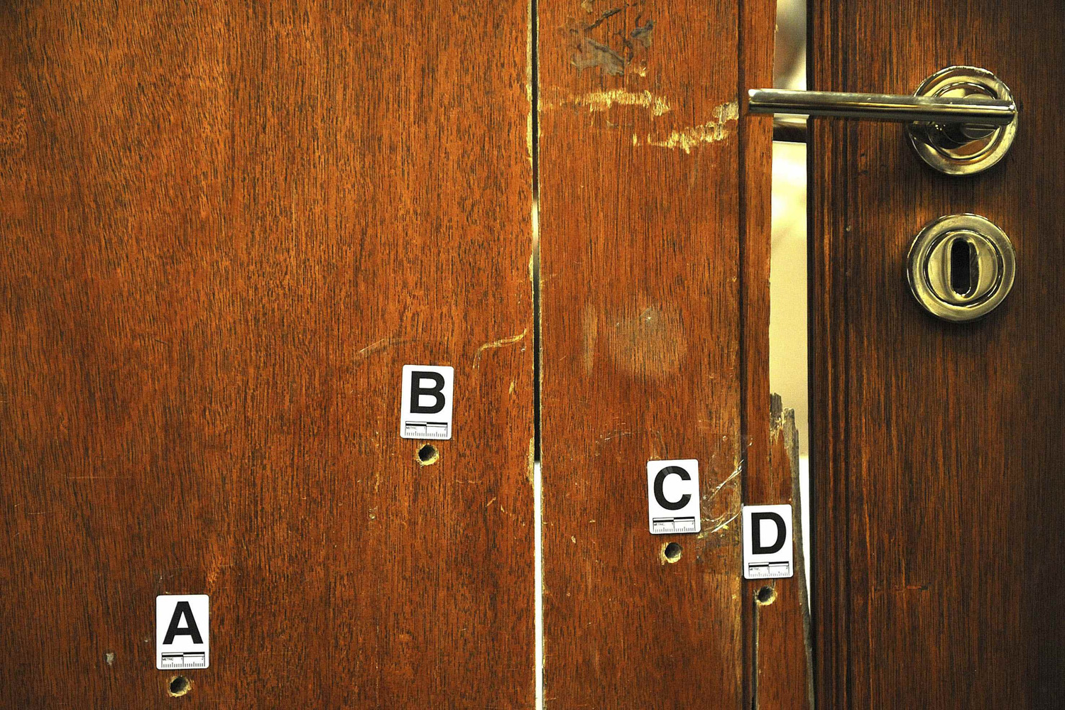 The door through which Reeva Steenkamp was shot is displayed during Oscar Pistorius's murder trial  in Pretoria