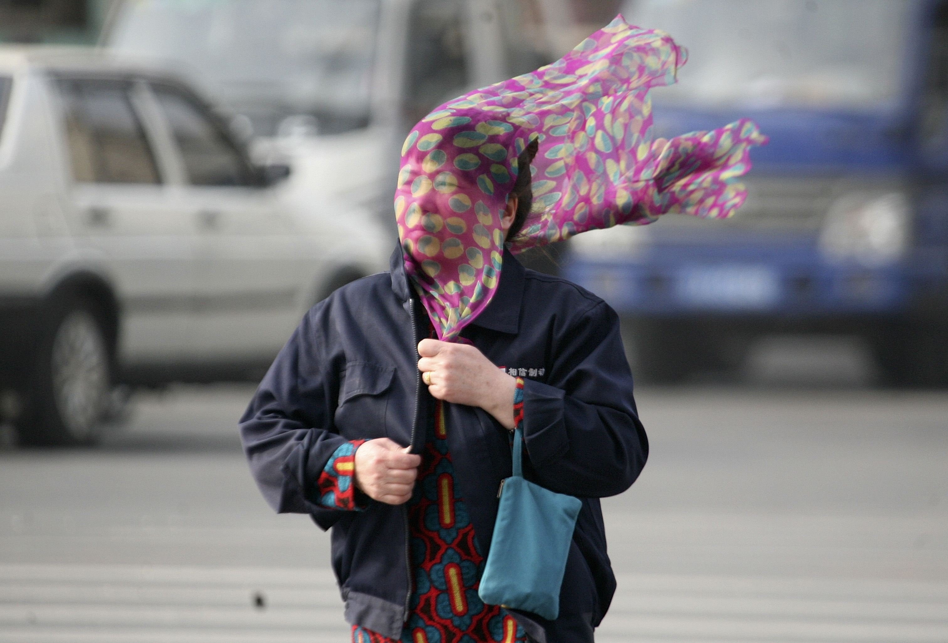 Apr. 14, 2014. A woman covers her face with a scarf as she crosses a street amid strong wind in Shenyang, Liaoning province. A blue alert for gale was issued in Shenyang on Monday, Xinhua News Agency reported.