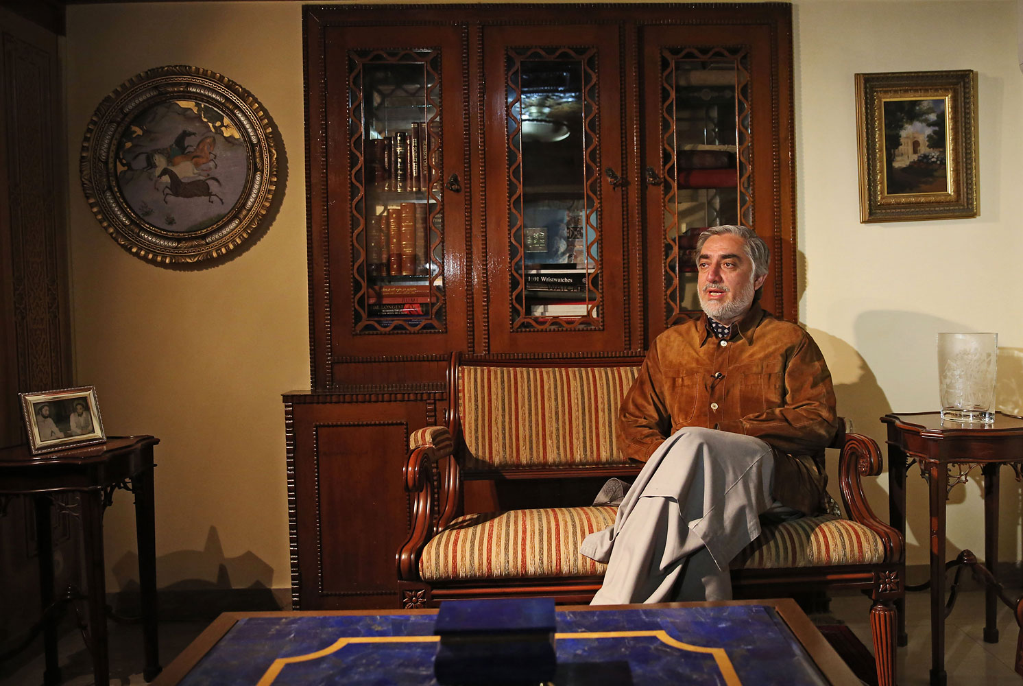 Afghan presidential candidate Abdullah Abdullah talks during an interview with the Associated Press at his residence in Kabul, Afghanistan,  April 24, 2014. (Massoud Hossaini—AP)
