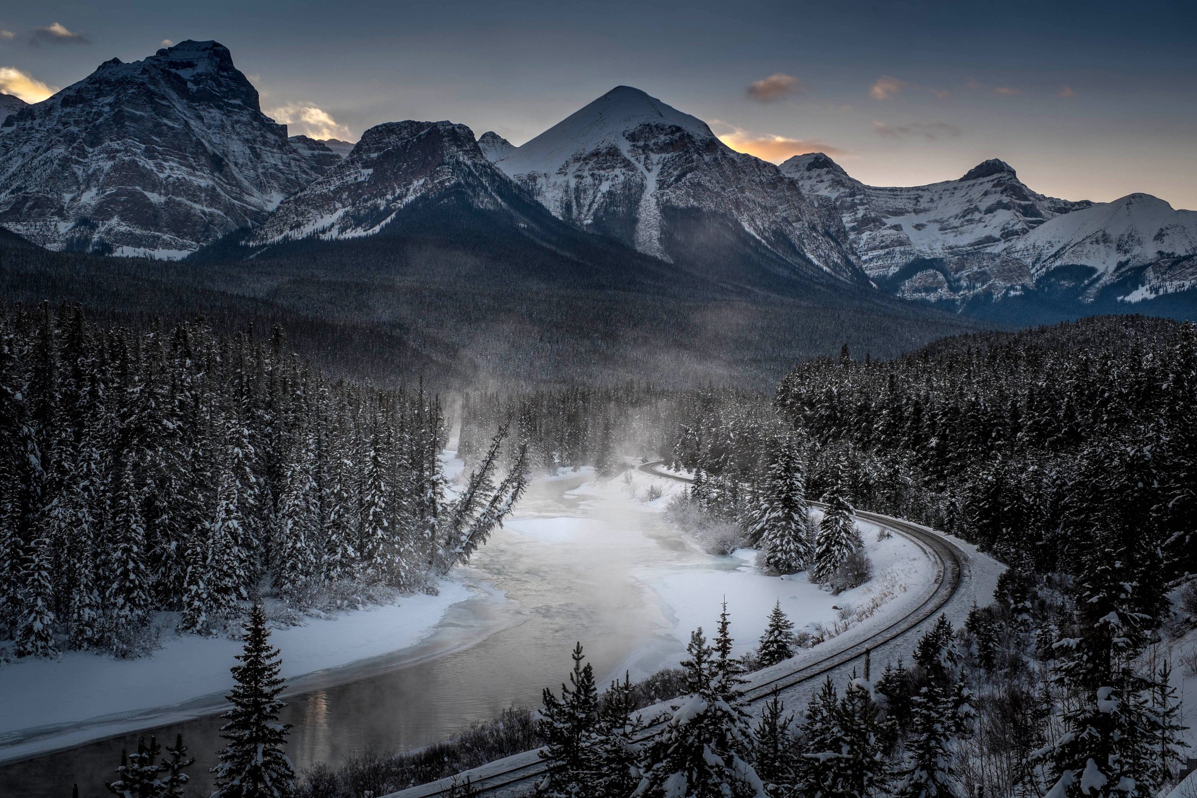 The famous Morant's Curve, offering a beautiful view of the frozen Bow River and the Canadian Pacific Railway at Banff National Park near Lake Louise, Canada, on Dec. 6, 2013