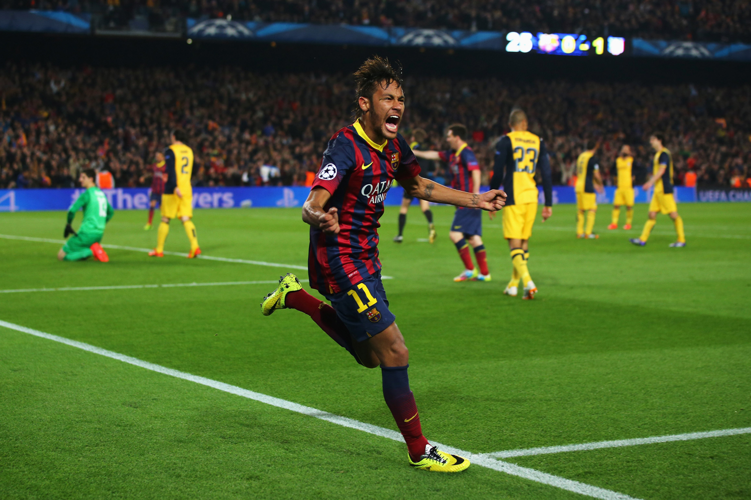 Neymar of Barcelona celebrates his goal during the UEFA Champions League Quarter Final first leg match between FC Barcelona and Club Atletico de Madrid at Camp Nou on April 1, 2014 in Barcelona.