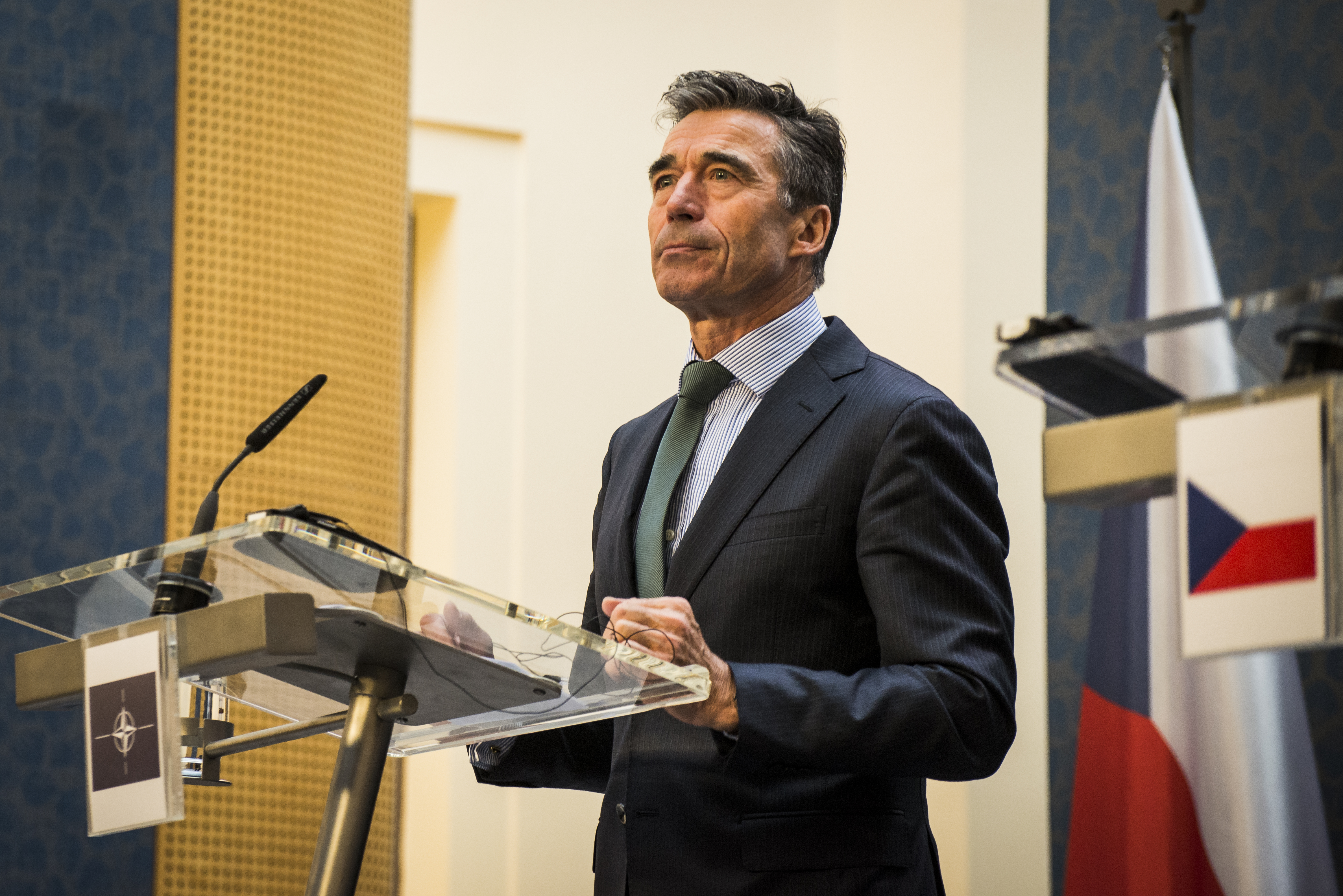 Anders Fogh Rasmussen speaks at a press conference in Prague on April 10, 2014. He issued dire warnings on the Russian troop build-up on Ukraine's border (isifa&amp;mdash;Getty Images)