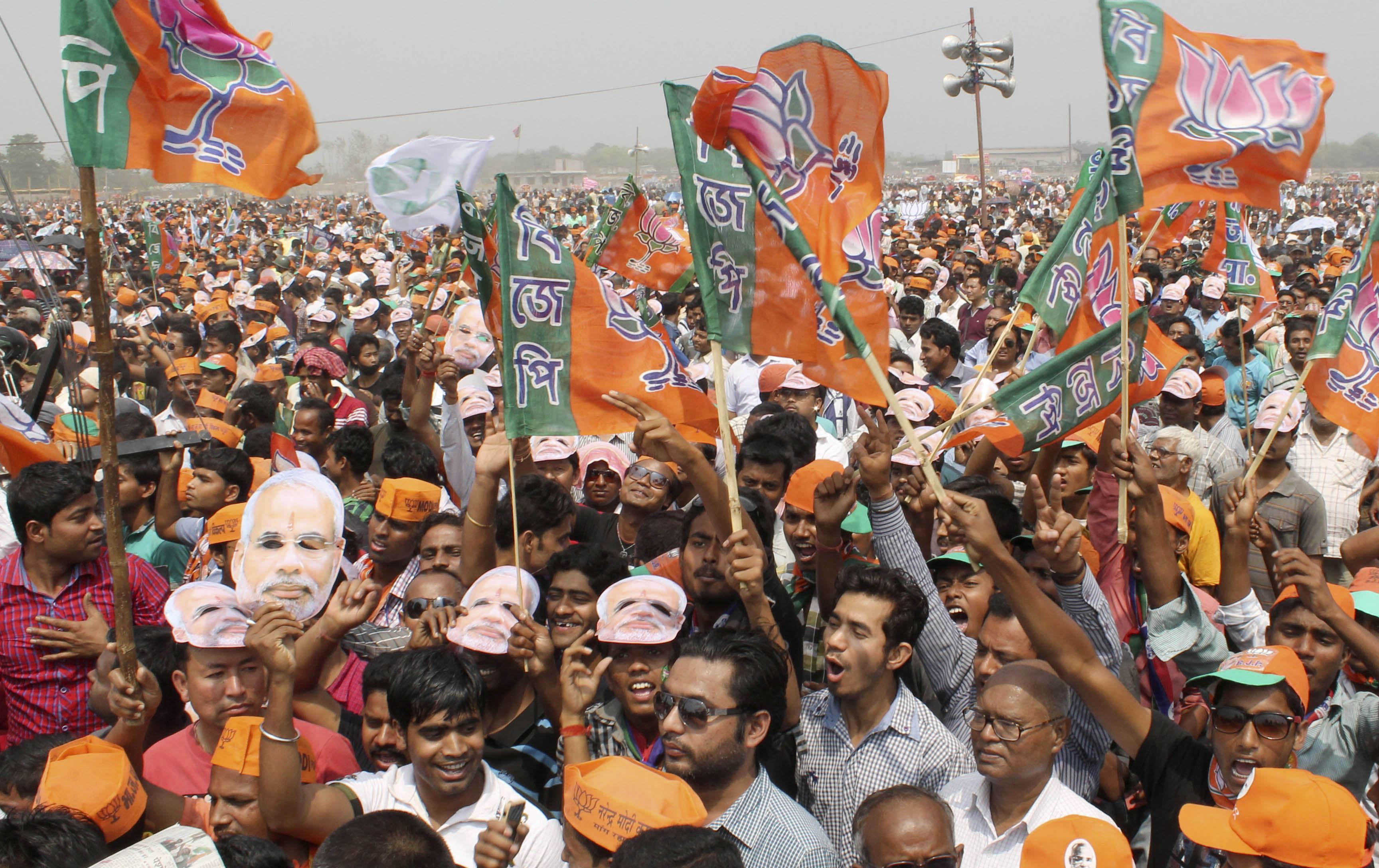 A rally for BJP Prime Ministerial candidate Narendra Modi in Siliguri, Darjeeling, on April 10, 2014. Voter mobilization, campaigning and advertising costs have made this the most expensive Indian poll ever (Hindustan Times&mdash;Hindustan Times via Getty Images)