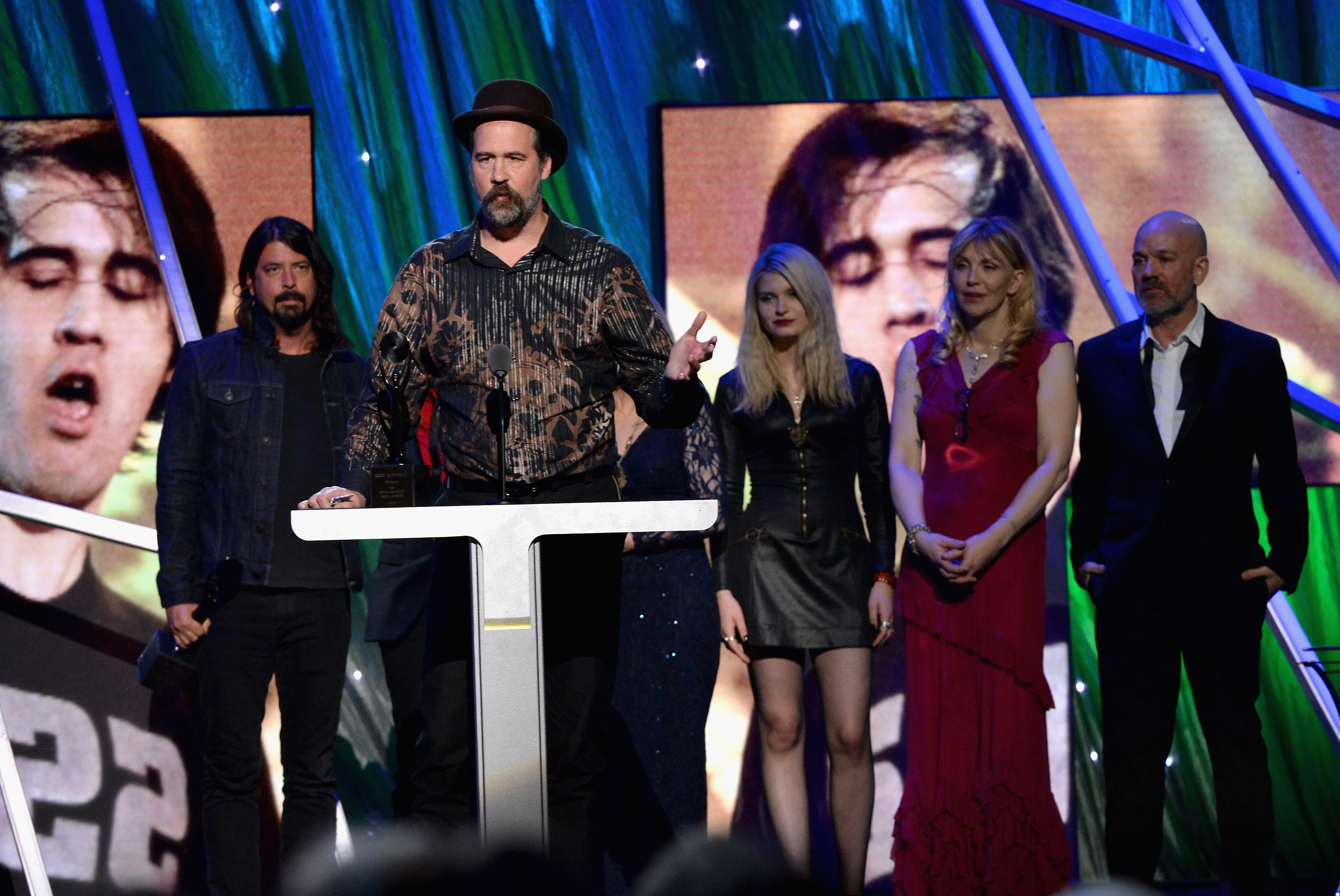 Krist Novoselic of Nirvana speaks onstage at the 29th Annual Rock And Roll Hall Of Fame Induction Ceremony at Barclays Center of Brooklyn on April 10, 2014 in New York City. (Larry Busacca—Getty Images)
