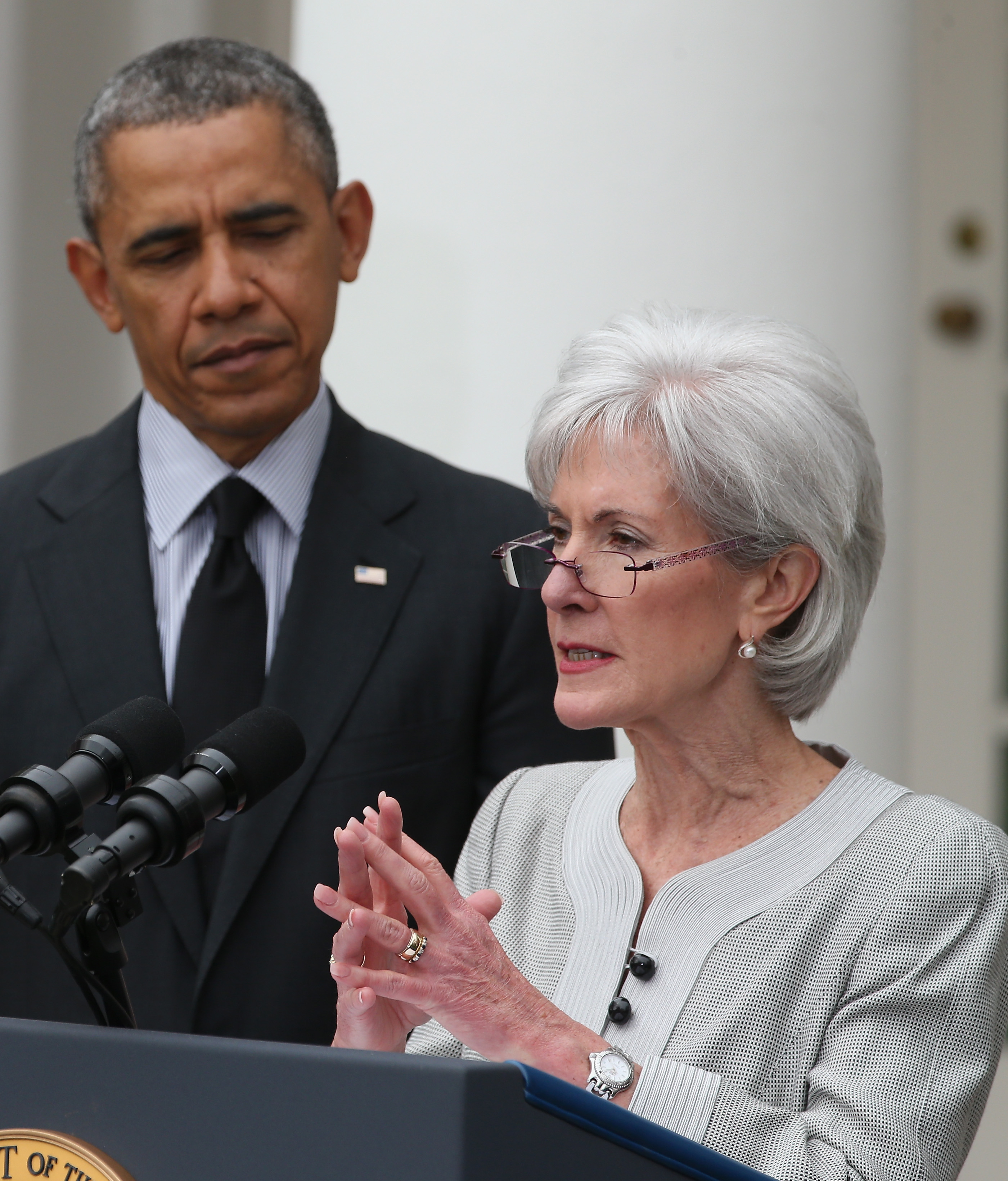Secretary Kathleen Sebelius and President Obama on April 11, 2014 in Washington, DC. (Mark Wilson&amp;mdash;Getty Images)