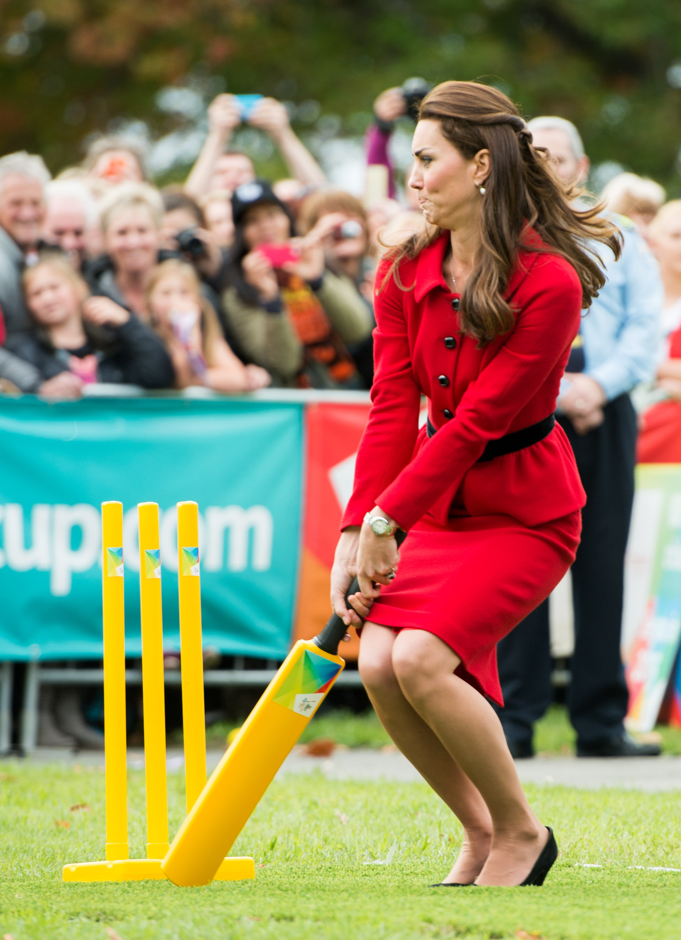 CHRISTCHURCH, NEW ZEALAND - APRIL 14: Catherine, Duchess of Cambridge bats during a game of cricket in Latimer Square on April 14, 2014 in Christchurch, New Zealand. The Duke and Duchess of Cambridge are on a three-week tour of Australia and New Zealand, the first official trip overseas with their son, Prince George of Cambridge. (Photo by Samir Hussein/WireImage) (Samir Hussein—WireImage)