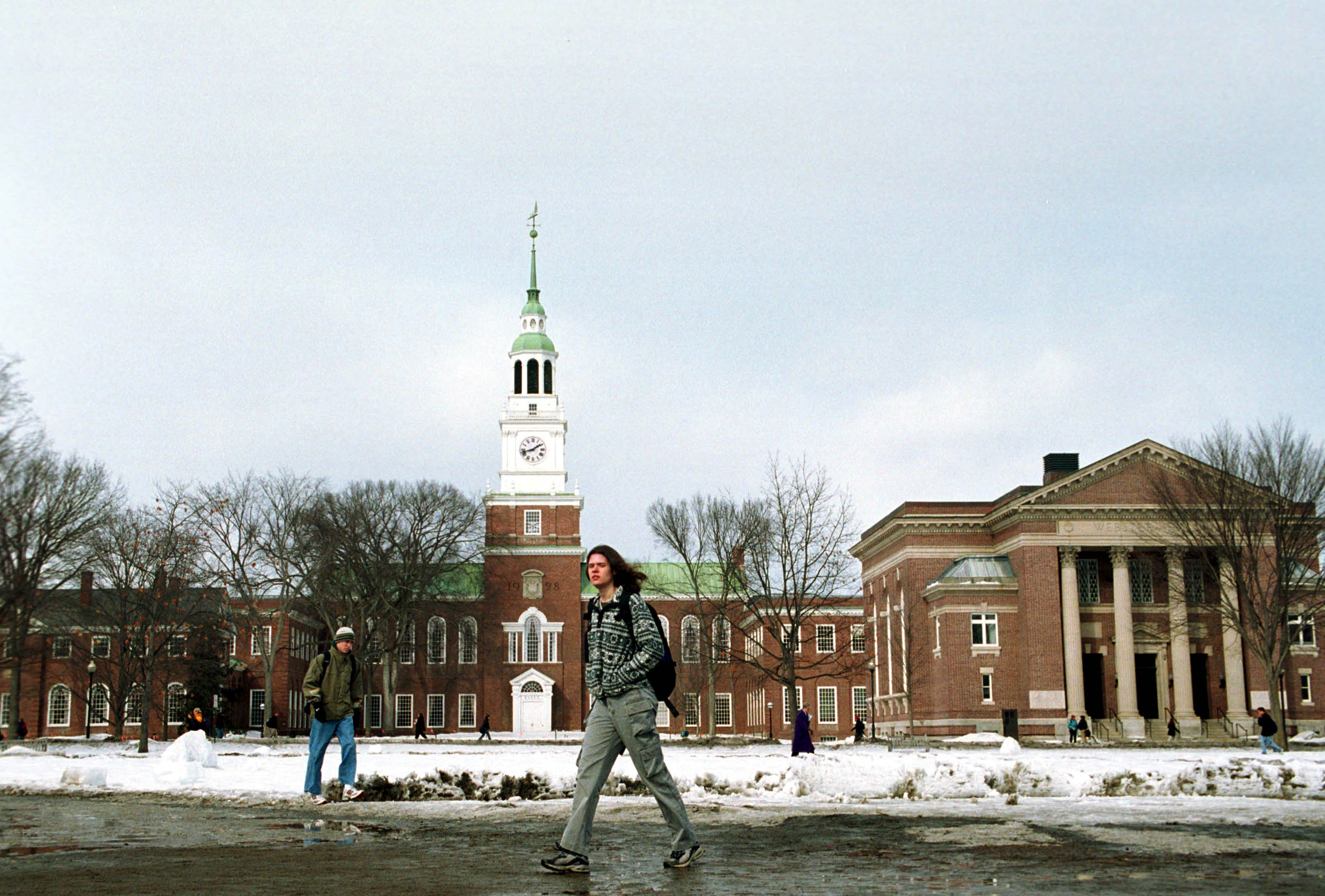 Dartmouth College student walks across the main campus February 28, 2001 in Hanover, NH. (Photo by Darren McCollester/Newsmakers) (Darren McCollester&mdash;Getty Images)