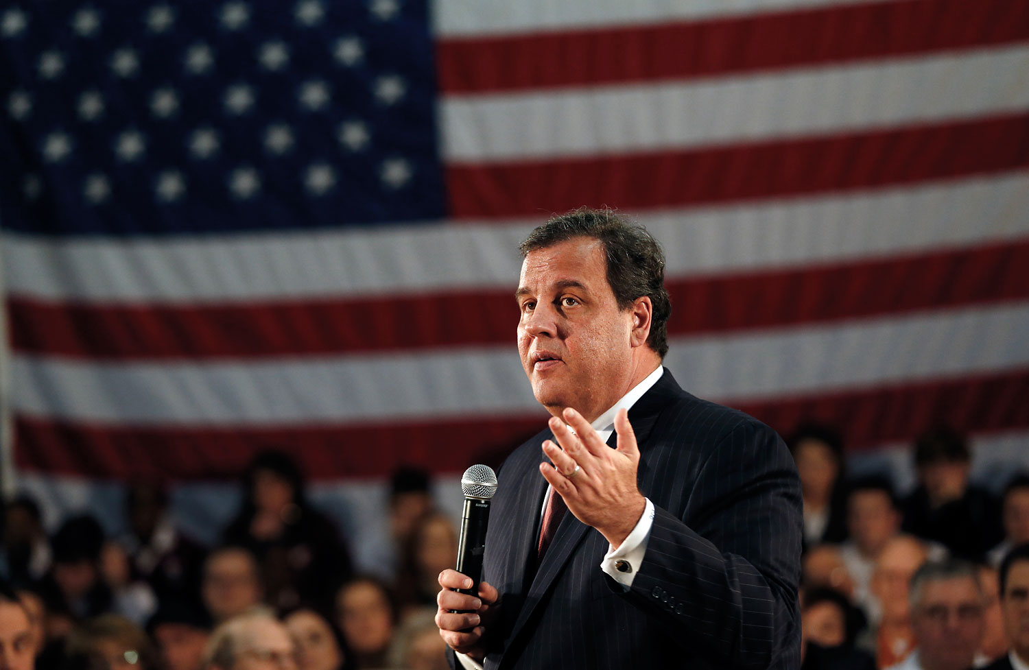 New Jersey Gov. Chris Christie at a town hall meeting at Winston Churchill Elementary School, April 9, 2014, in Fairfield, N.J. (Julio Cortez—AP)