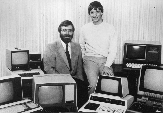 Paul Allen (left) and Bill Gates in 1981, surrounded by some of the computers that ran their version of BASIC (Microsoft)