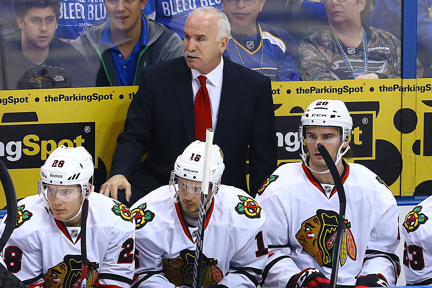 Chicago Blackhawks head coach Joel Quenneville during the first period in Game 1 of the NHL Playoffs between the St. Louis Blues and the Chicago Blackhawks at Scottrade Center in St. Louis, Missouri. (Billy Hurst—AP)