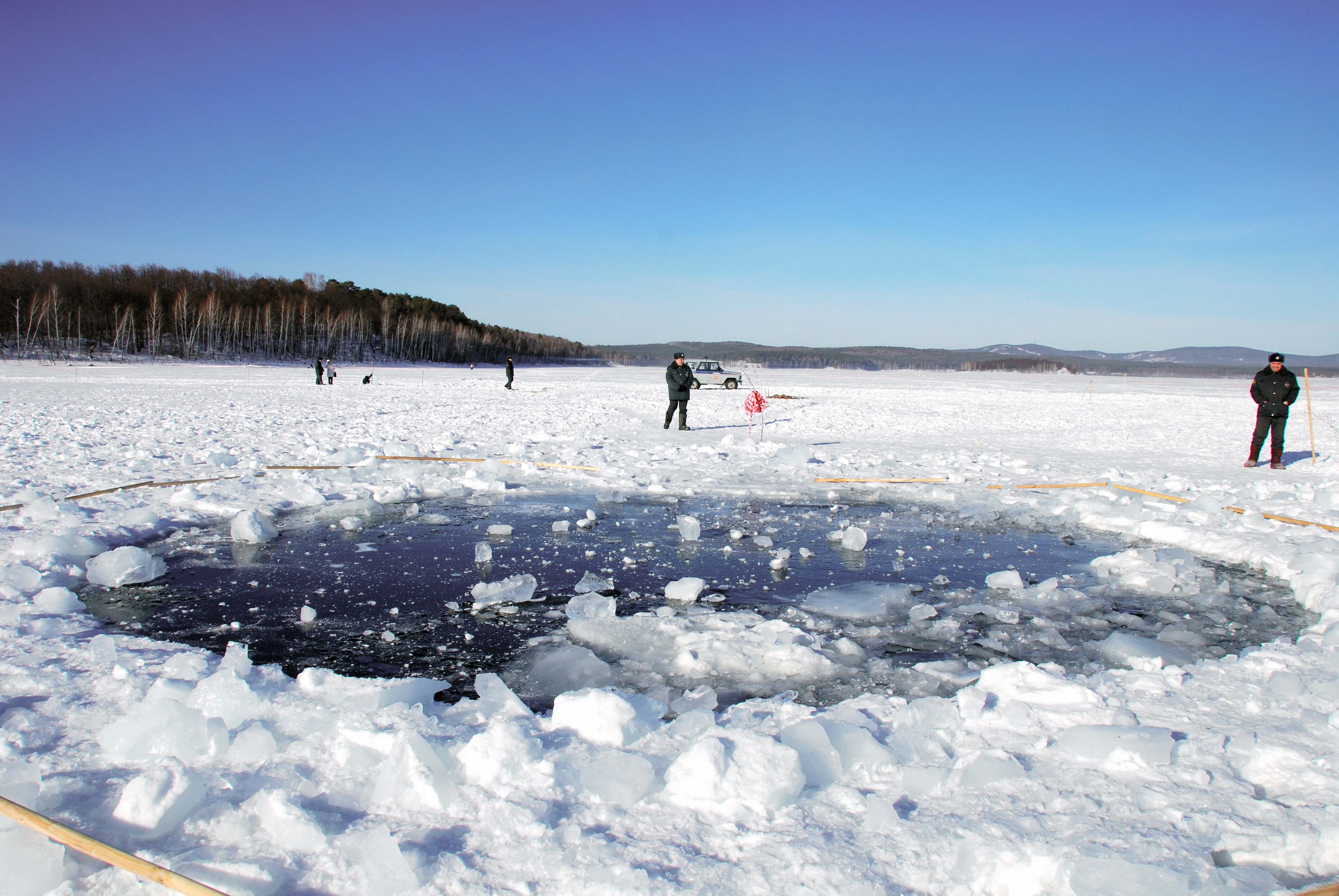 Bullseye: A hole left in a frozen lake in Chelyabinsk, thought to have been punched out by a fragment of the meteor that struck in 2013.