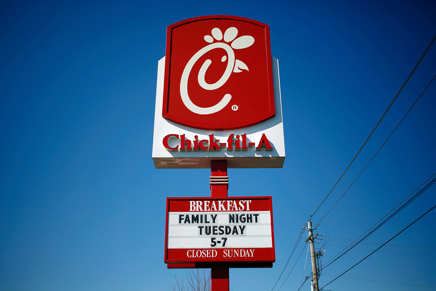 Signage stands outside a Chick-fil-A Inc. restaurant in Bowling Green, Kentucky, Mar. 25, 2014. (Luke Sharrett—Bloomberg/ Getty Images)