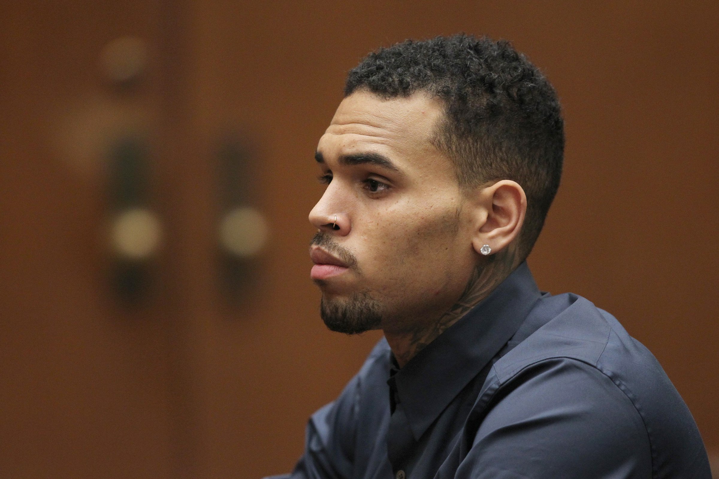 Chris Brown in court for a probation progress hearing on Feb. 3, 2014 in Los Angeles.