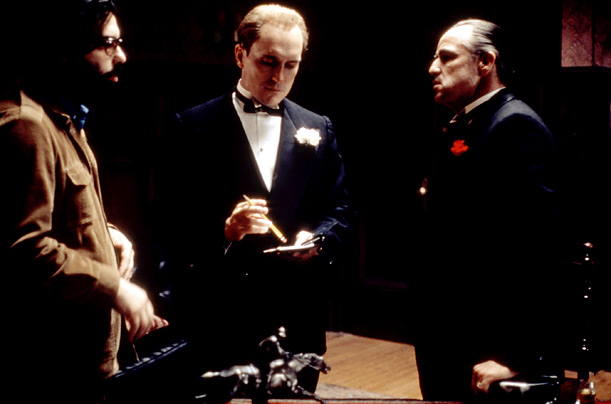 Francis Ford Coppola directs Robert Duvall and Marlon Brando, in what would become his first masterpiece, The Godfather. The film won the Academy Award for Best Picture in 1972.