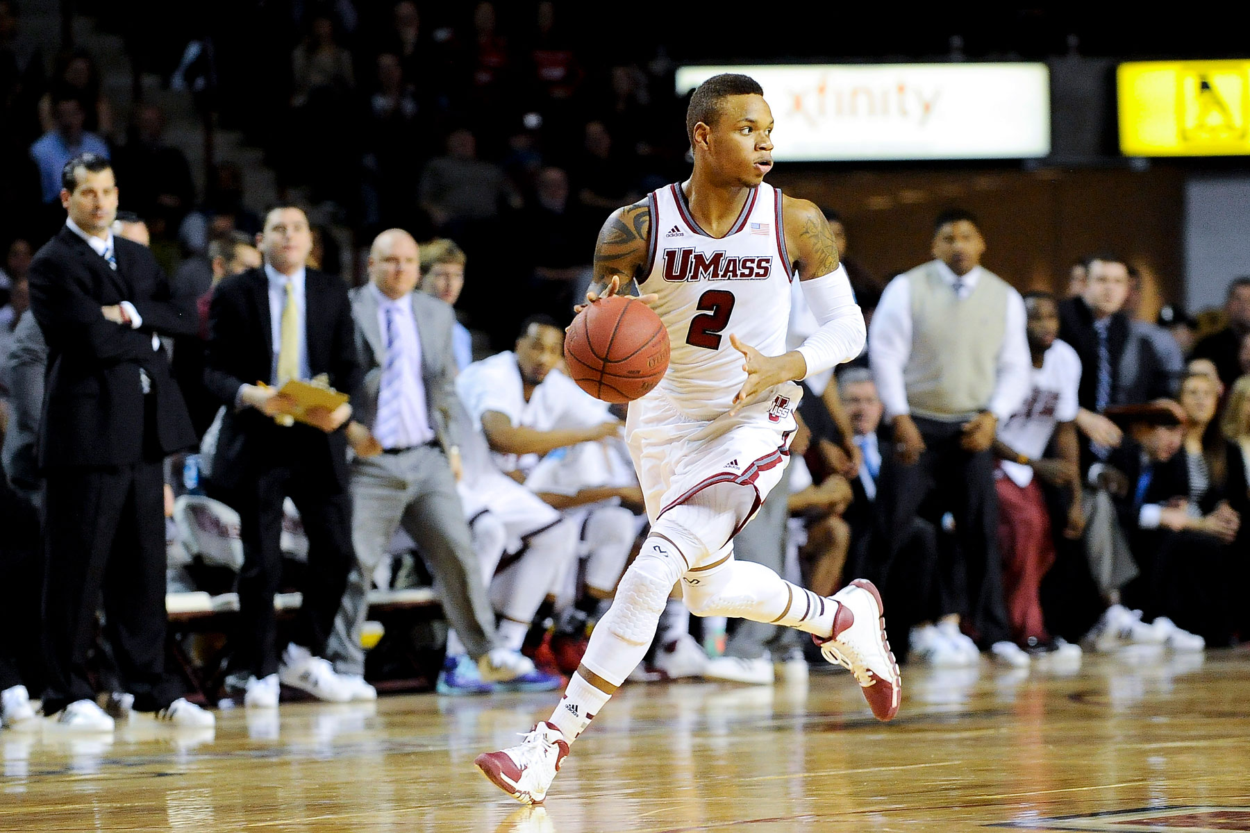 UMass guard Derrick Gordon dribbles the ball during a game against the Fordham Rams at the Mullin Center in Amherst, Mass., Jan. 26, 2014.