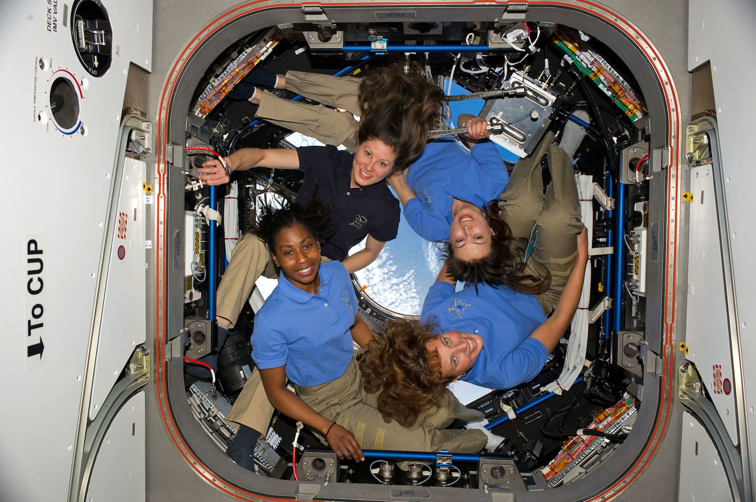 The greatest number of women in space at any one time was four, in 2010. From lower right: NASA astronauts Dorothy Metcalf-Lindenburger, Stephanie Wilson, both STS-131 mission specialists, Tracy Caldwell Dyson, Expedition 23 flight engineer; and Japan Aerospace Exploration Agency (JAXA) astronaut Naoko Yamazaki, STS-131 mission specialist, on the International Space Station in the Cupola.